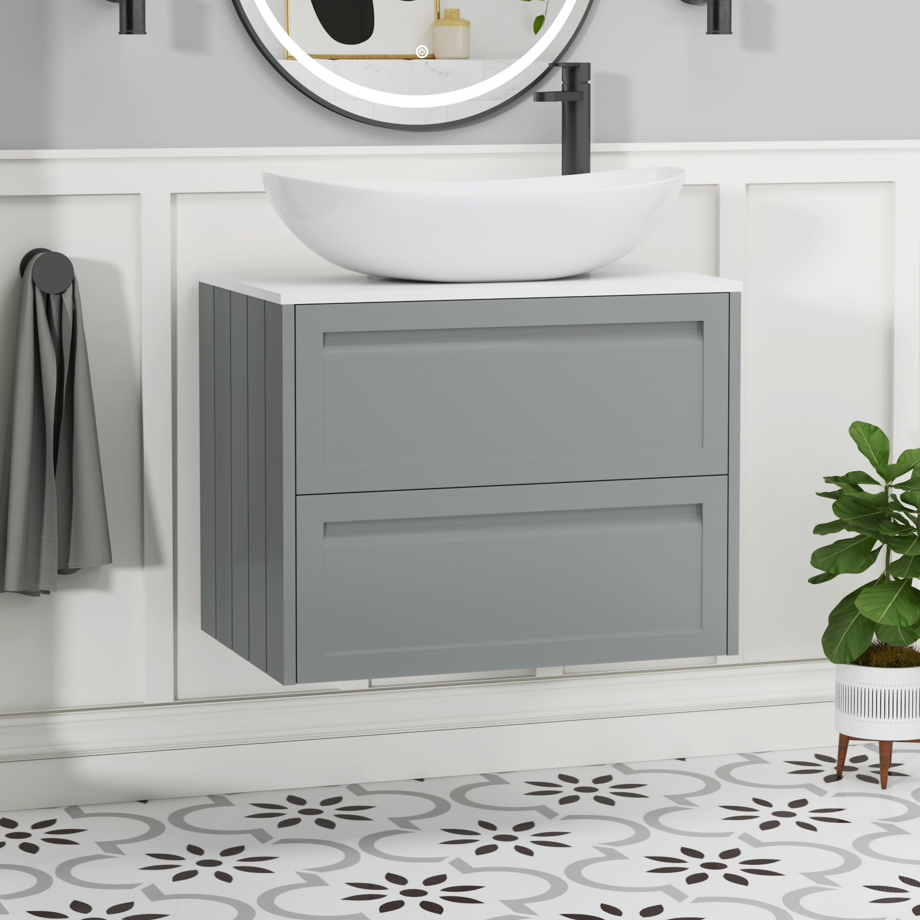Elmore Matt Pebble Grey 2 Drawer Wall Hung Vanity Unit with Plain White Worktop & Various Countertop Basins