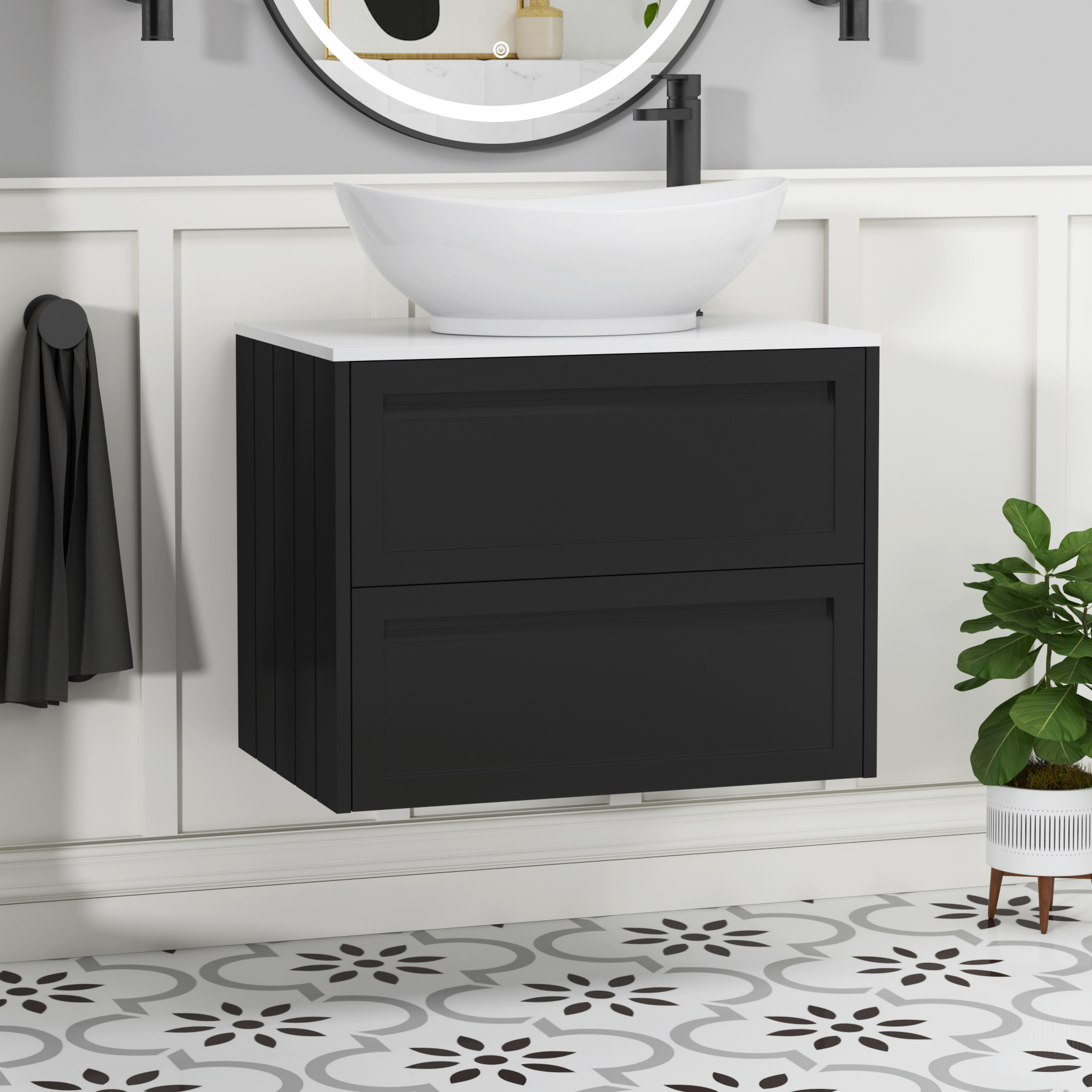 Elmore Matt Nocturne Black 2 Drawer Wall Hung Vanity Unit with Plain White Worktop & Various Countertop Basins