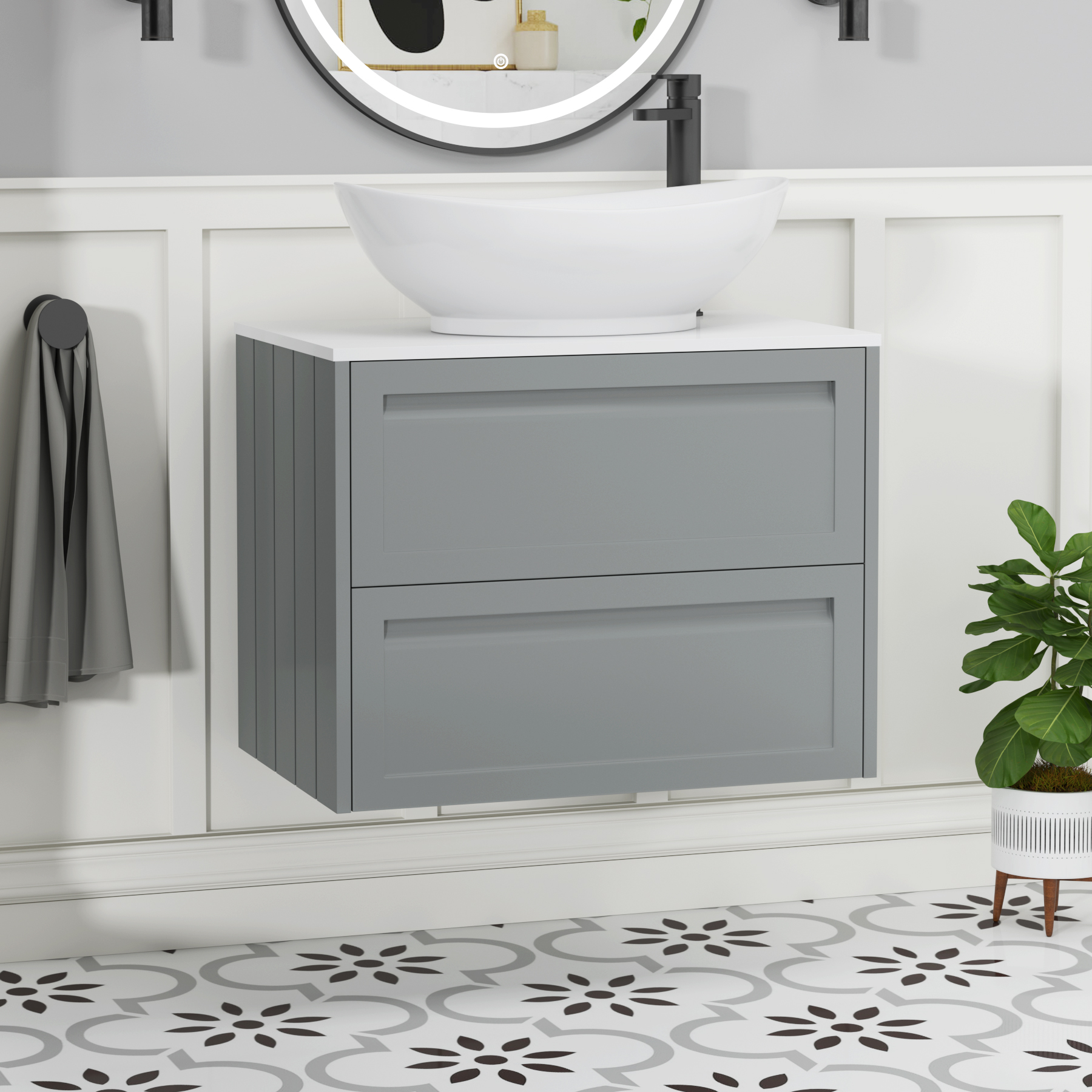 Elmore Matt Pebble Grey 2 Drawer Wall Hung Vanity Unit with Plain White Worktop & Various Countertop Basins