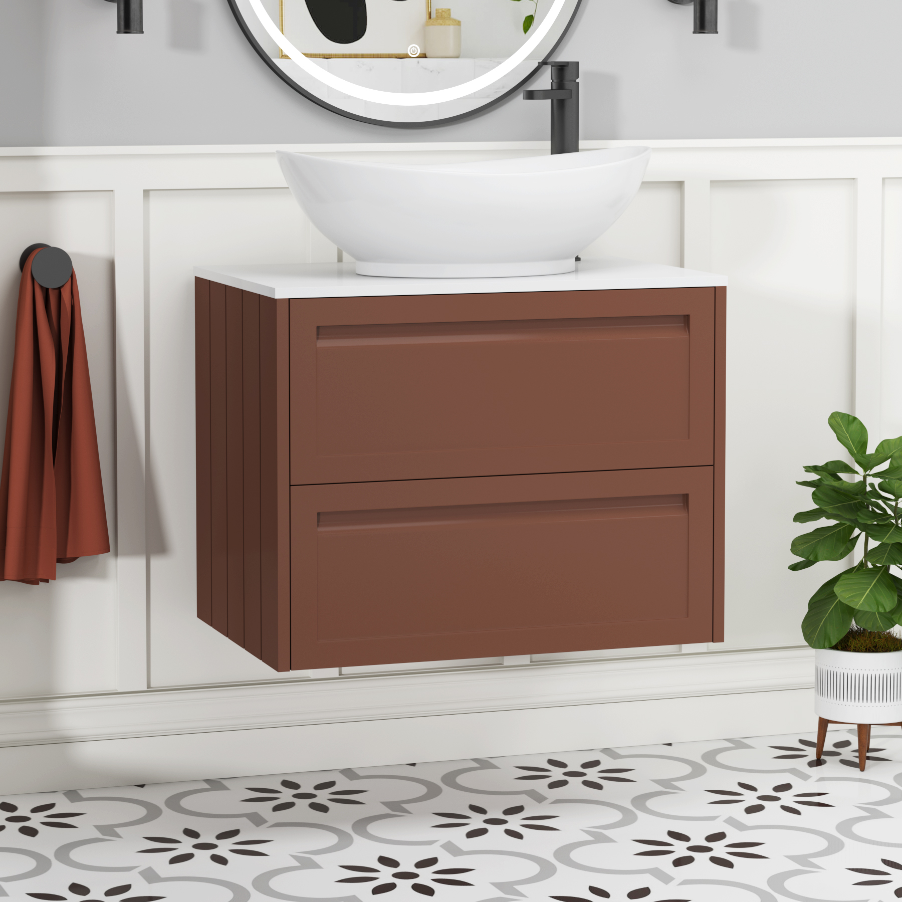 Elmore Terracotta Clay 2 Drawer Wall Hung Vanity Unit with Plain White Worktop & Various Countertop Basins