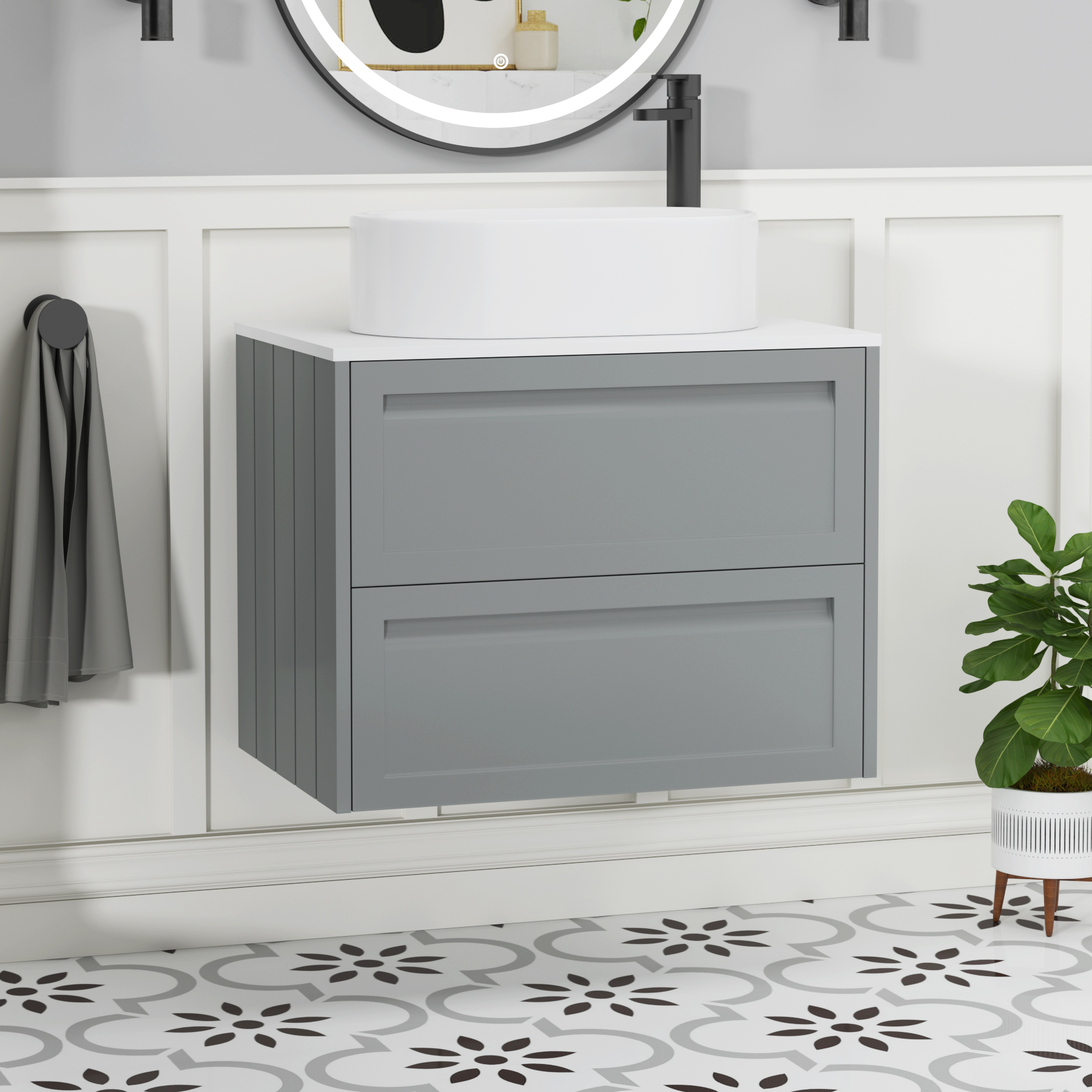 Elmore Matt Pebble Grey 2 Drawer Wall Hung Vanity Unit with Plain White Worktop & Various Countertop Basins