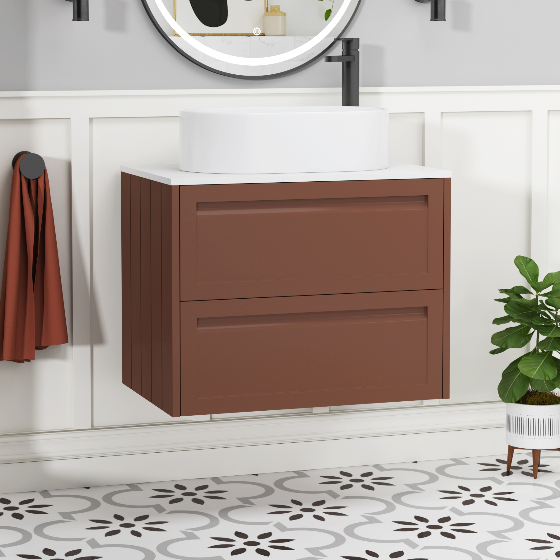 Elmore Terracotta Clay 2 Drawer Wall Hung Vanity Unit with Plain White Worktop & Various Countertop Basins