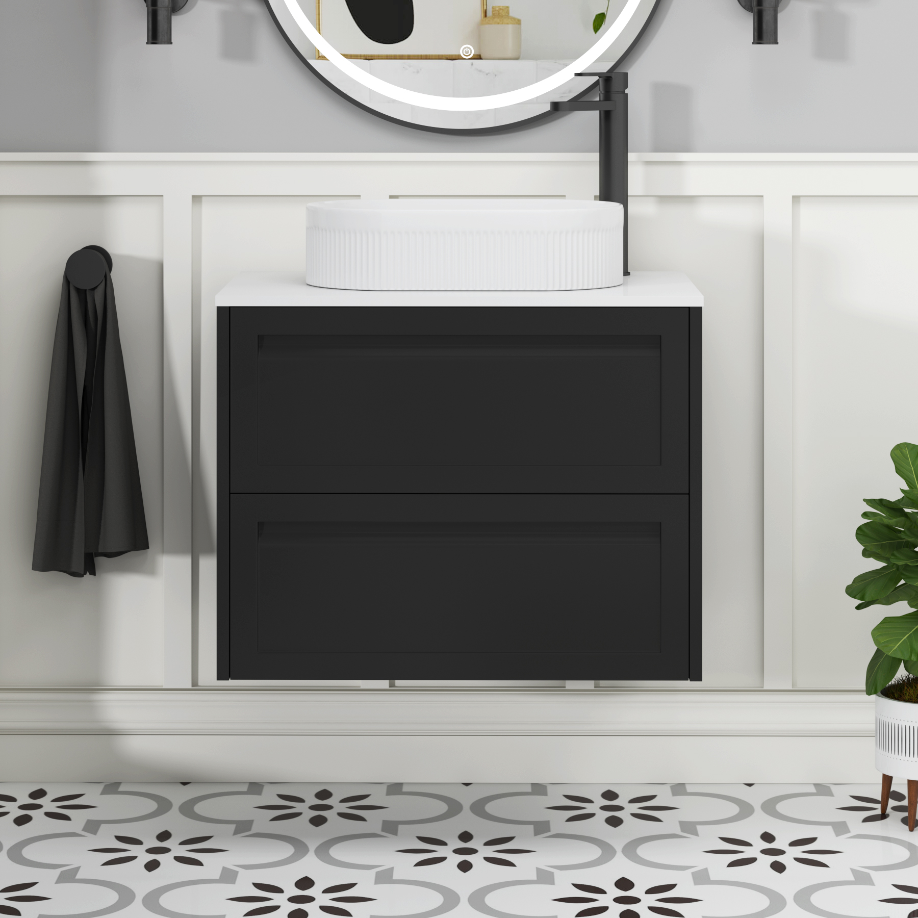 Elmore Matt Nocturne Black 2 Drawer Wall Hung Vanity Unit with Plain White Worktop & Various Countertop Basins