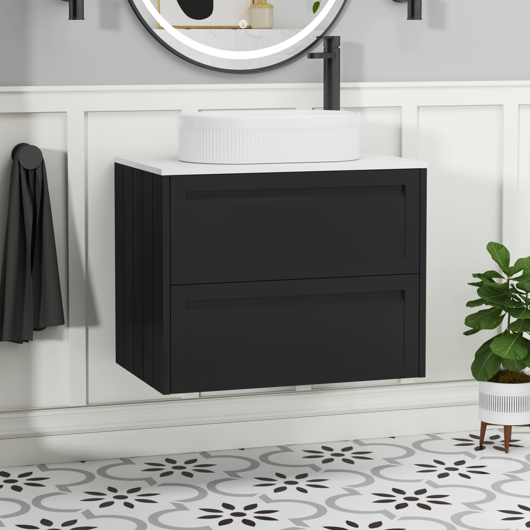 Elmore Matt Nocturne Black 2 Drawer Wall Hung Vanity Unit with Plain White Worktop & Various Countertop Basins