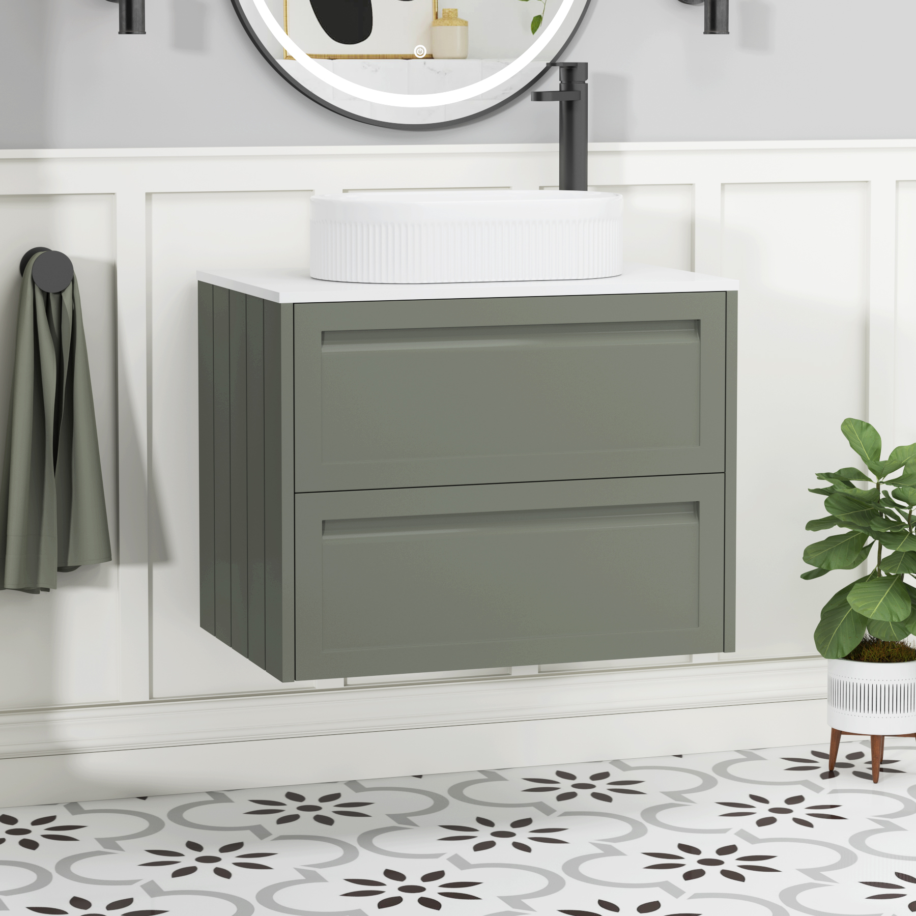 Elmore Traditional 2 Drawer Wall Hung Vanity Unit – Multiple Sizes, Colours, Worktop & Basins Options