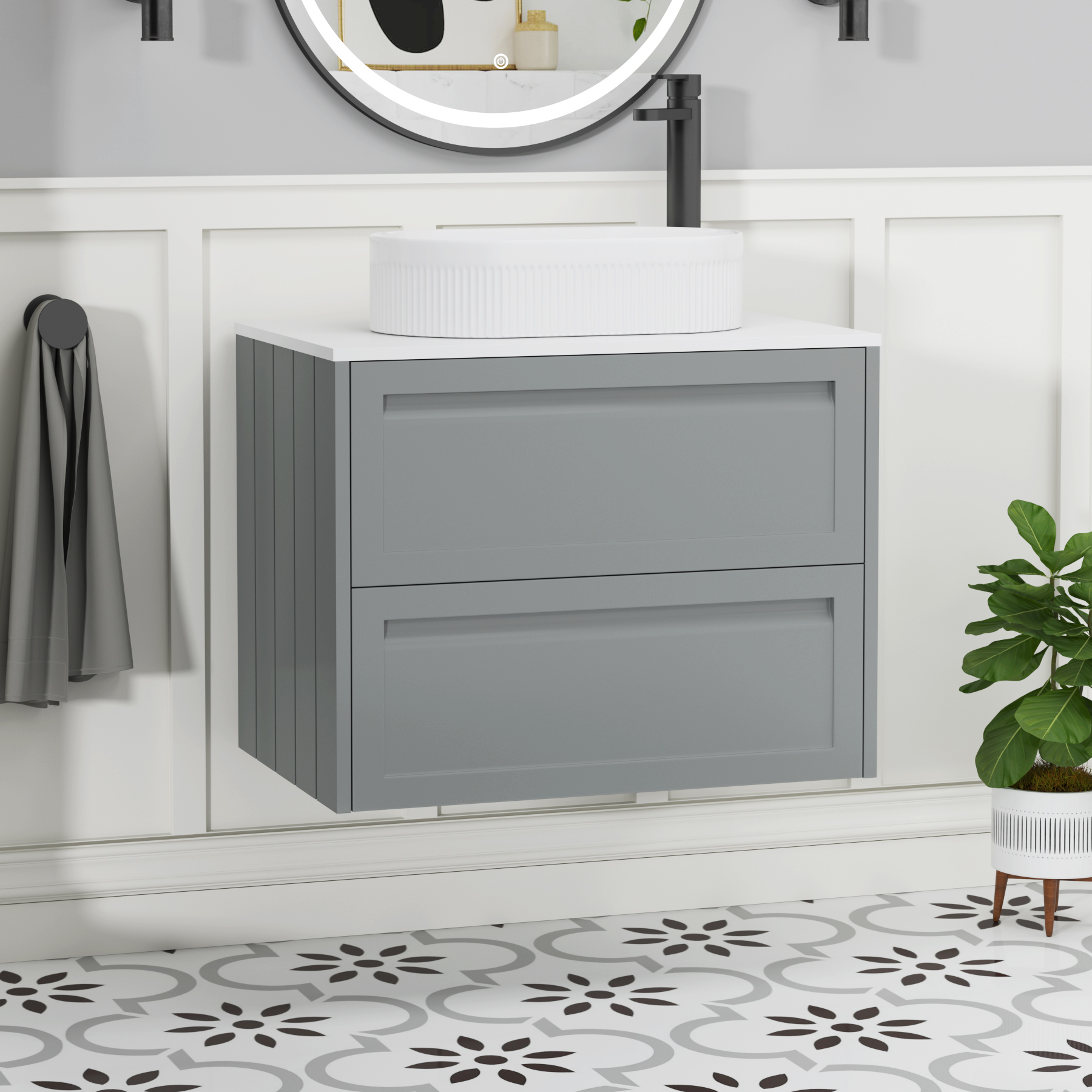 Elmore Matt Pebble Grey 2 Drawer Wall Hung Vanity Unit with Plain White Worktop & Various Countertop Basins