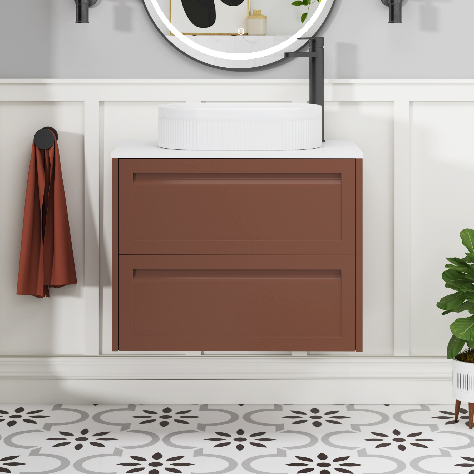 Elmore Terracotta Clay 2 Drawer Wall Hung Vanity Unit with Plain White Worktop & Various Countertop Basins