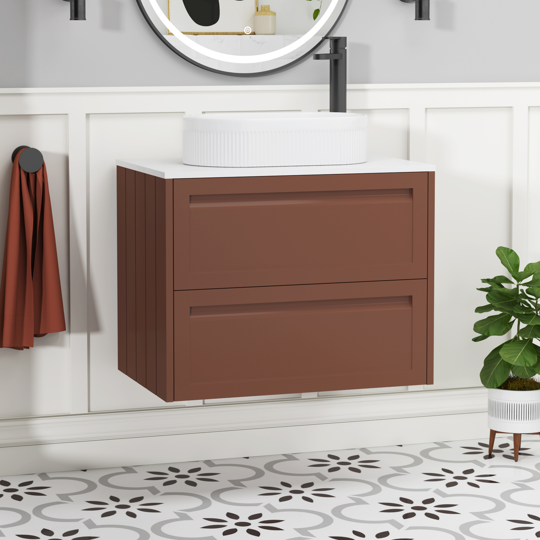 Elmore Terracotta Clay 2 Drawer Wall Hung Vanity Unit with Plain White Worktop & Various Countertop Basins