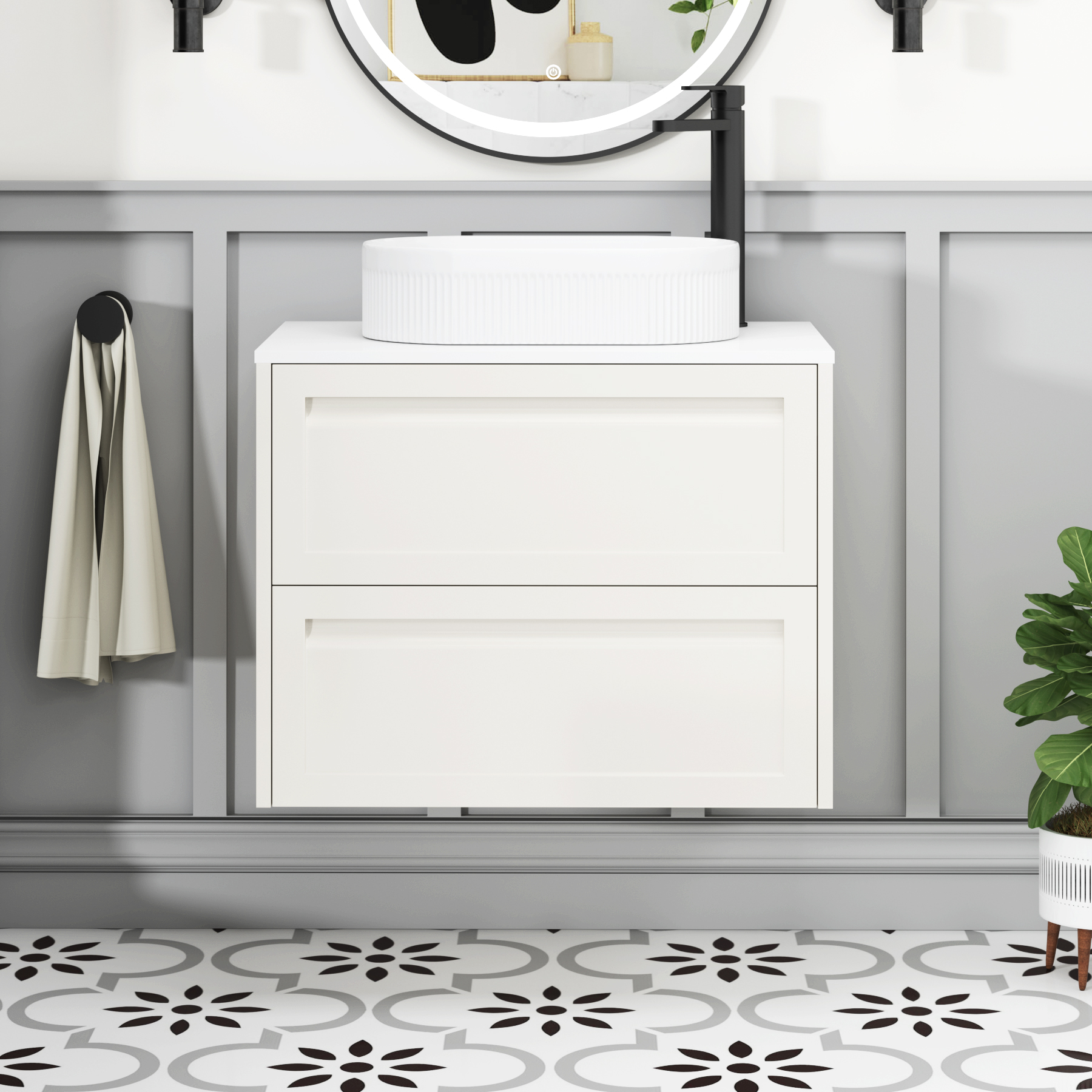 Elmore Classic White 2 Drawer Wall Hung Vanity Unit with Plain White Worktop & Various Countertop Basins
