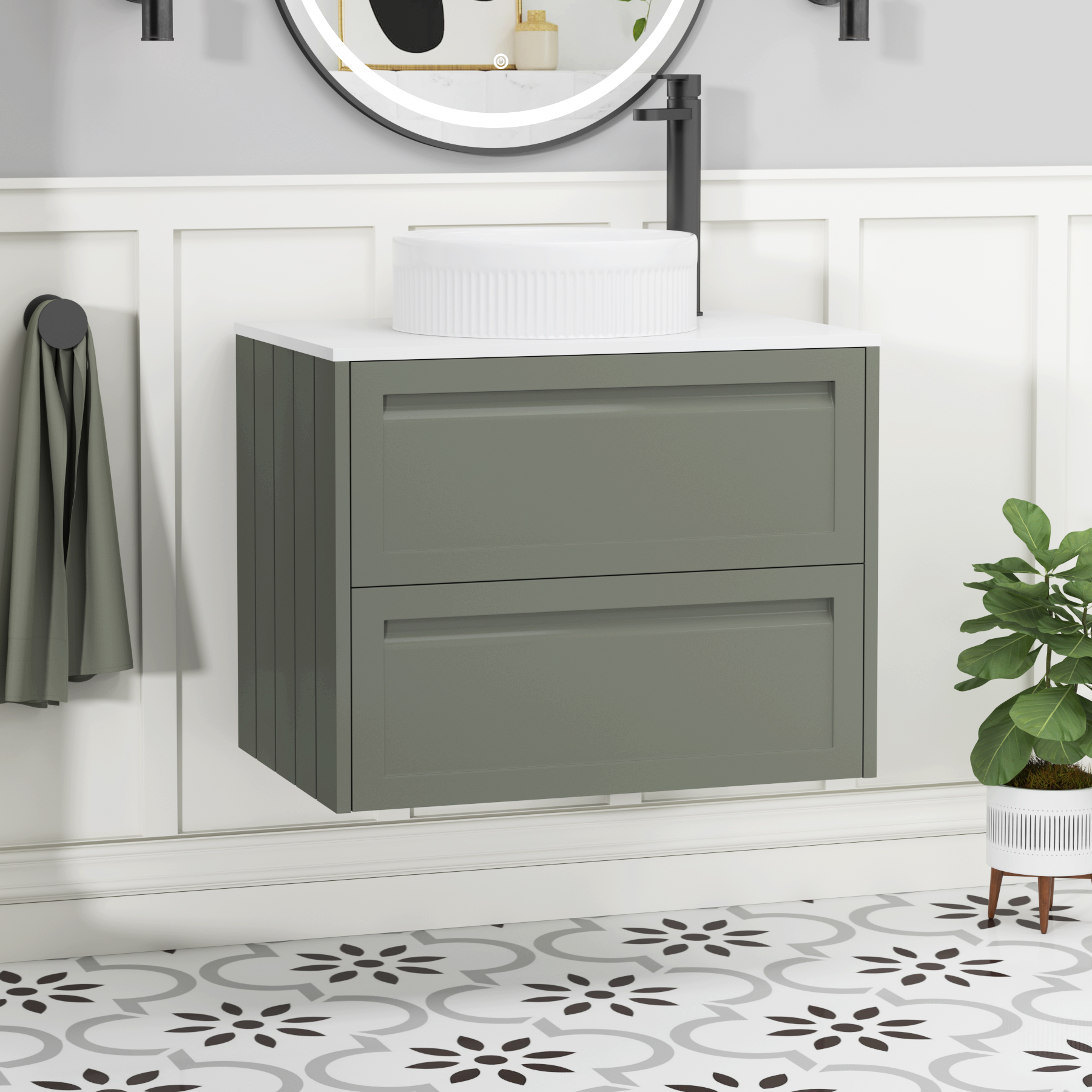 Elmore Matt Green 2 Drawer Wall Hung Vanity Unit with Plain White Worktop & Various Countertop Basins