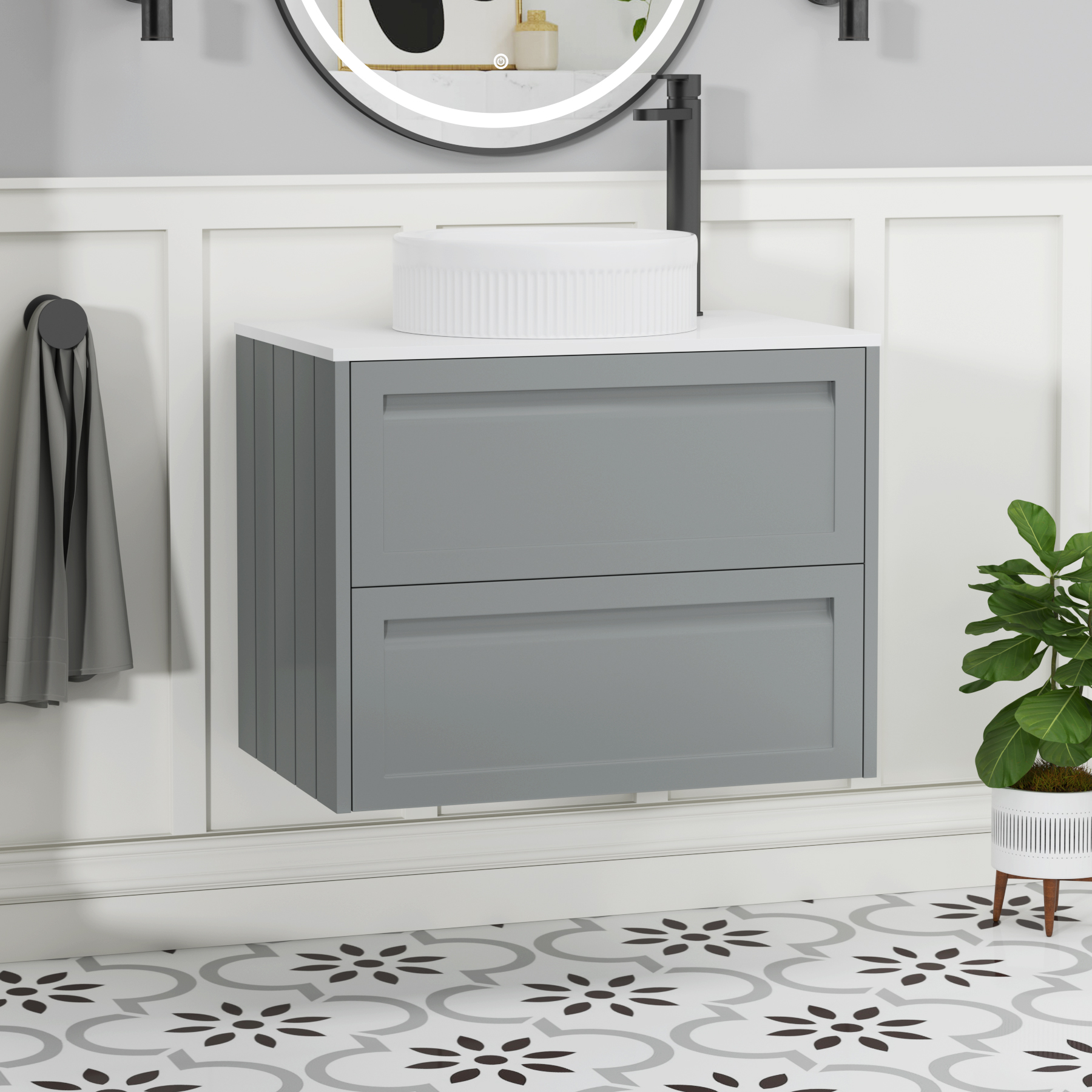 Elmore Matt Pebble Grey 2 Drawer Wall Hung Vanity Unit with Plain White Worktop & Various Countertop Basins
