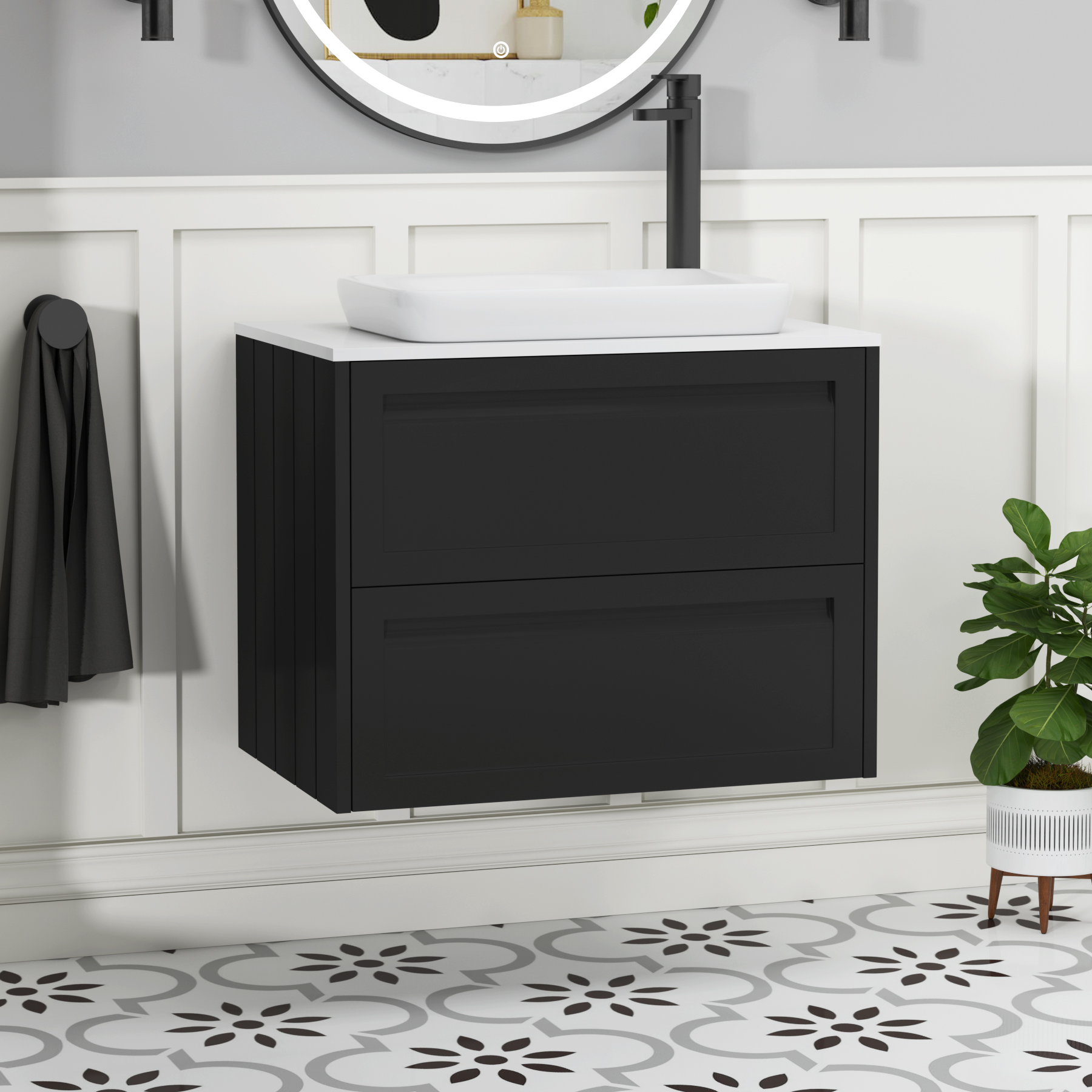 Elmore Matt Nocturne Black 2 Drawer Wall Hung Vanity Unit with Plain White Worktop & Various Countertop Basins