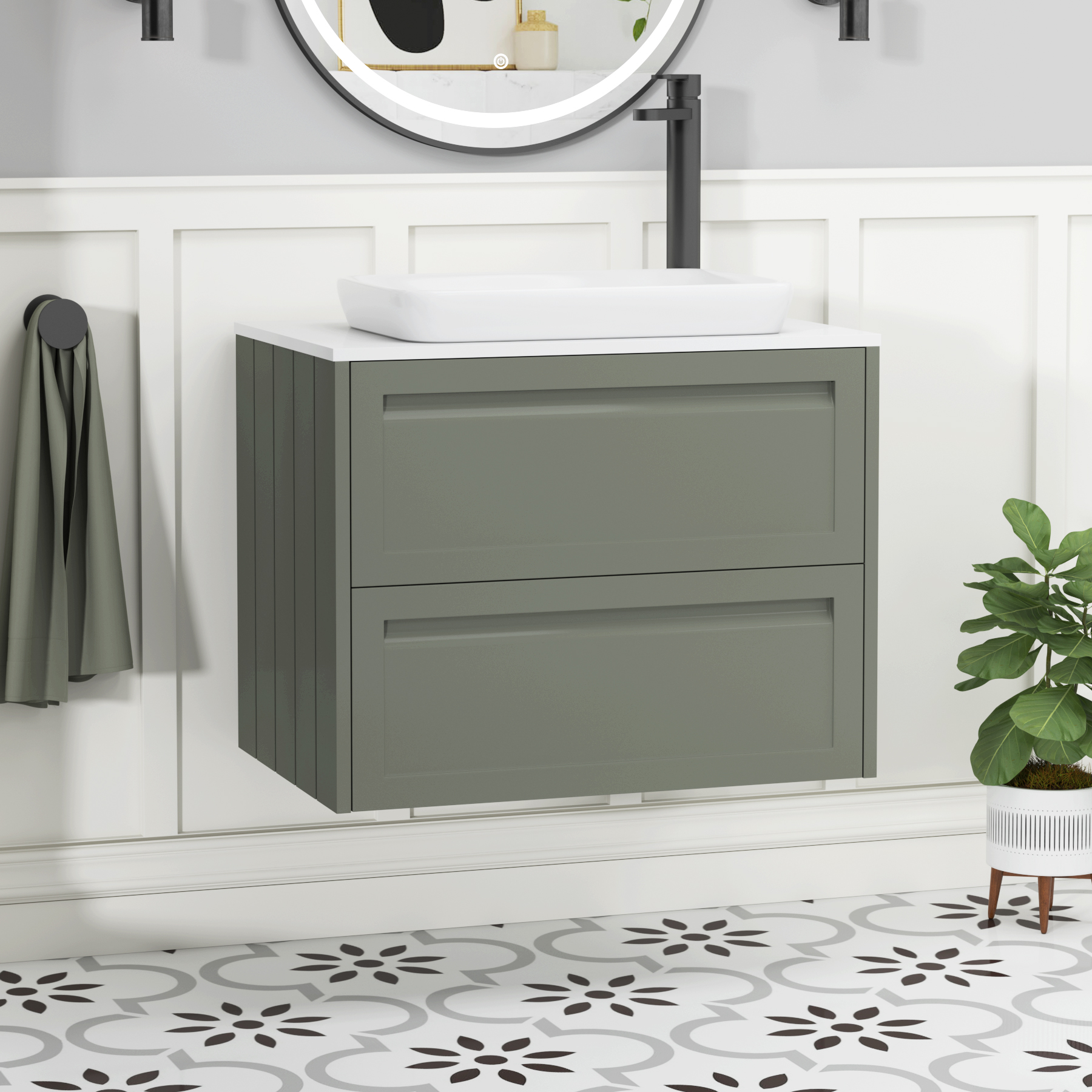 Elmore Matt Green 2 Drawer Wall Hung Vanity Unit with Plain White Worktop & Various Countertop Basins