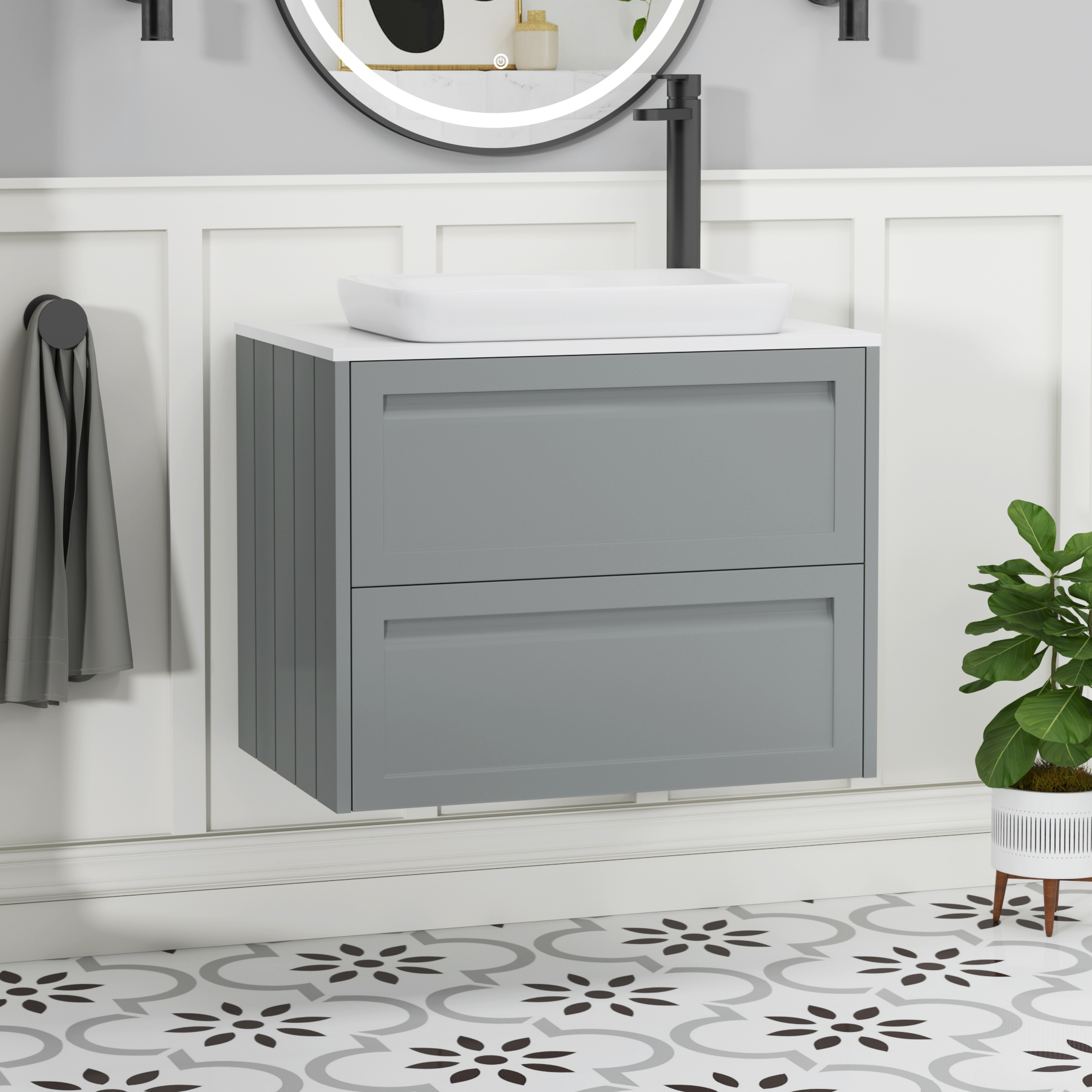 Elmore Matt Pebble Grey 2 Drawer Wall Hung Vanity Unit with Plain White Worktop & Various Countertop Basins