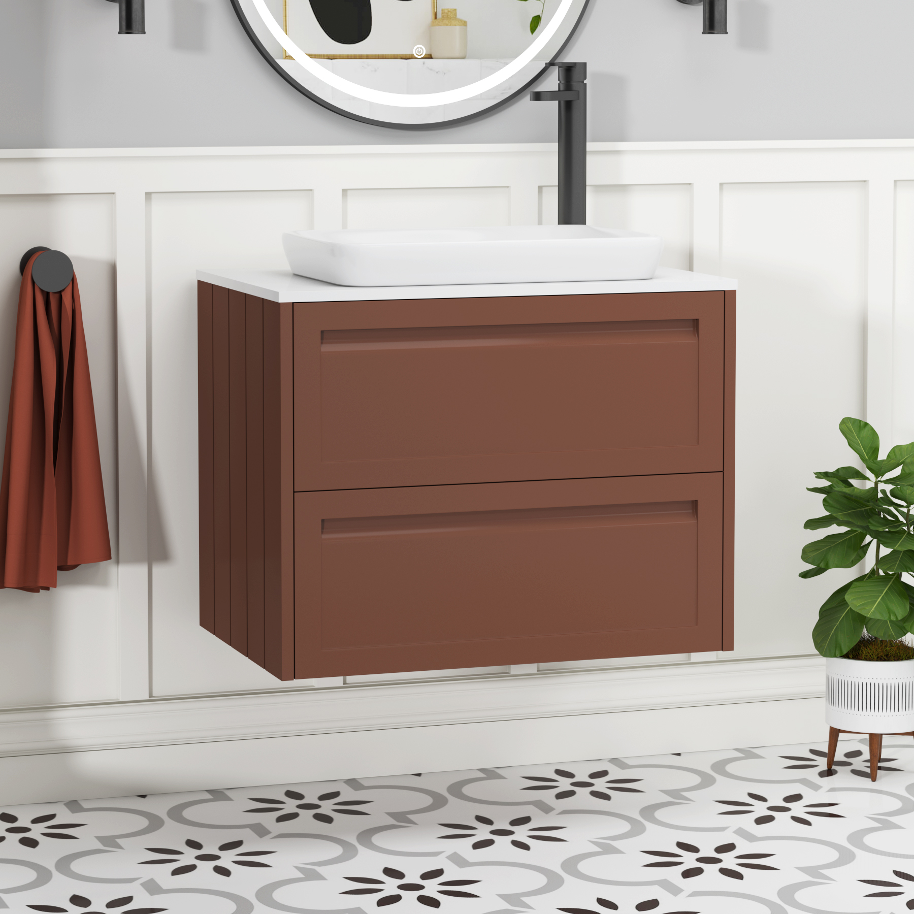 Elmore Terracotta Clay 2 Drawer Wall Hung Vanity Unit with Plain White Worktop & Various Countertop Basins