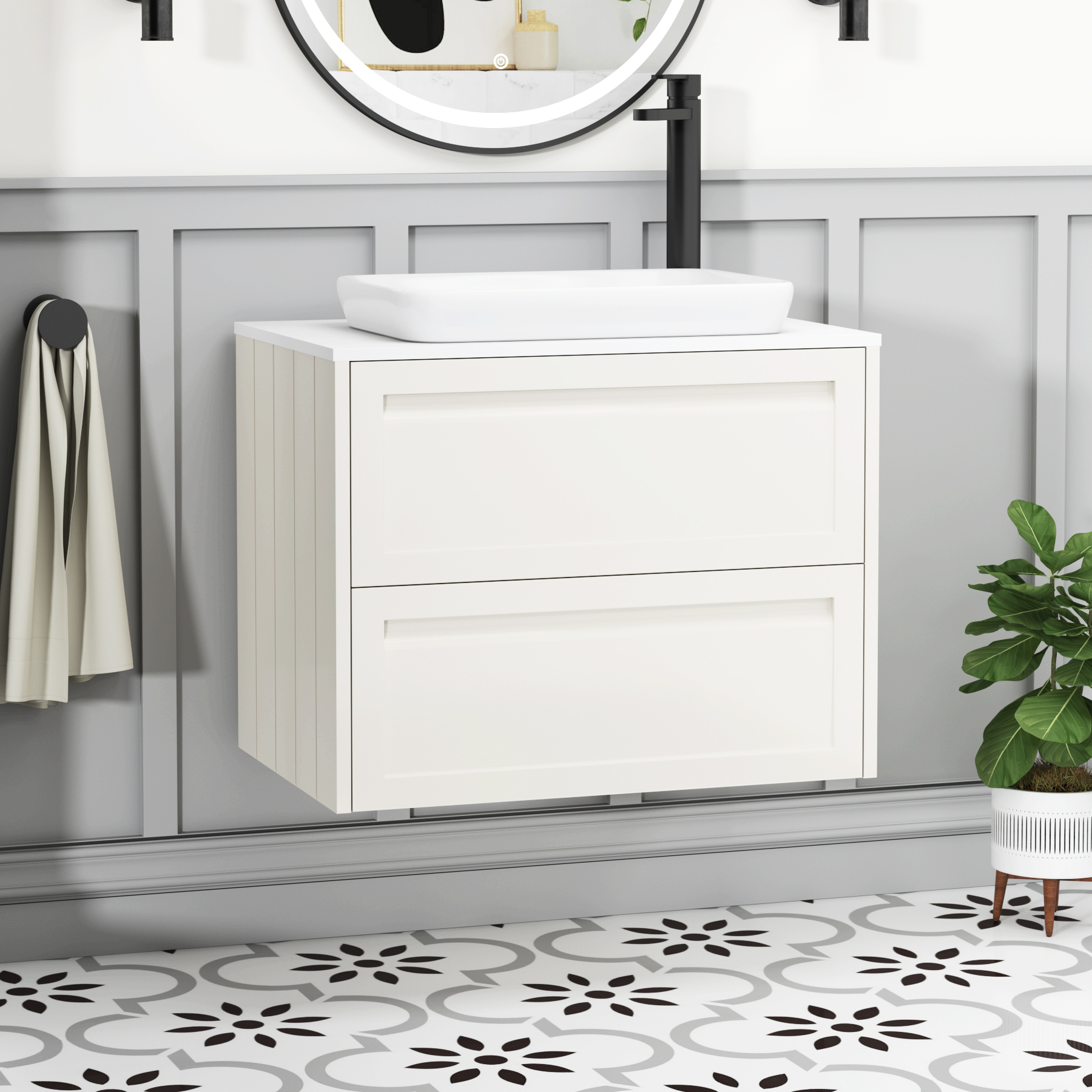 Elmore Classic White 2 Drawer Wall Hung Vanity Unit with Plain White Worktop & Various Countertop Basins