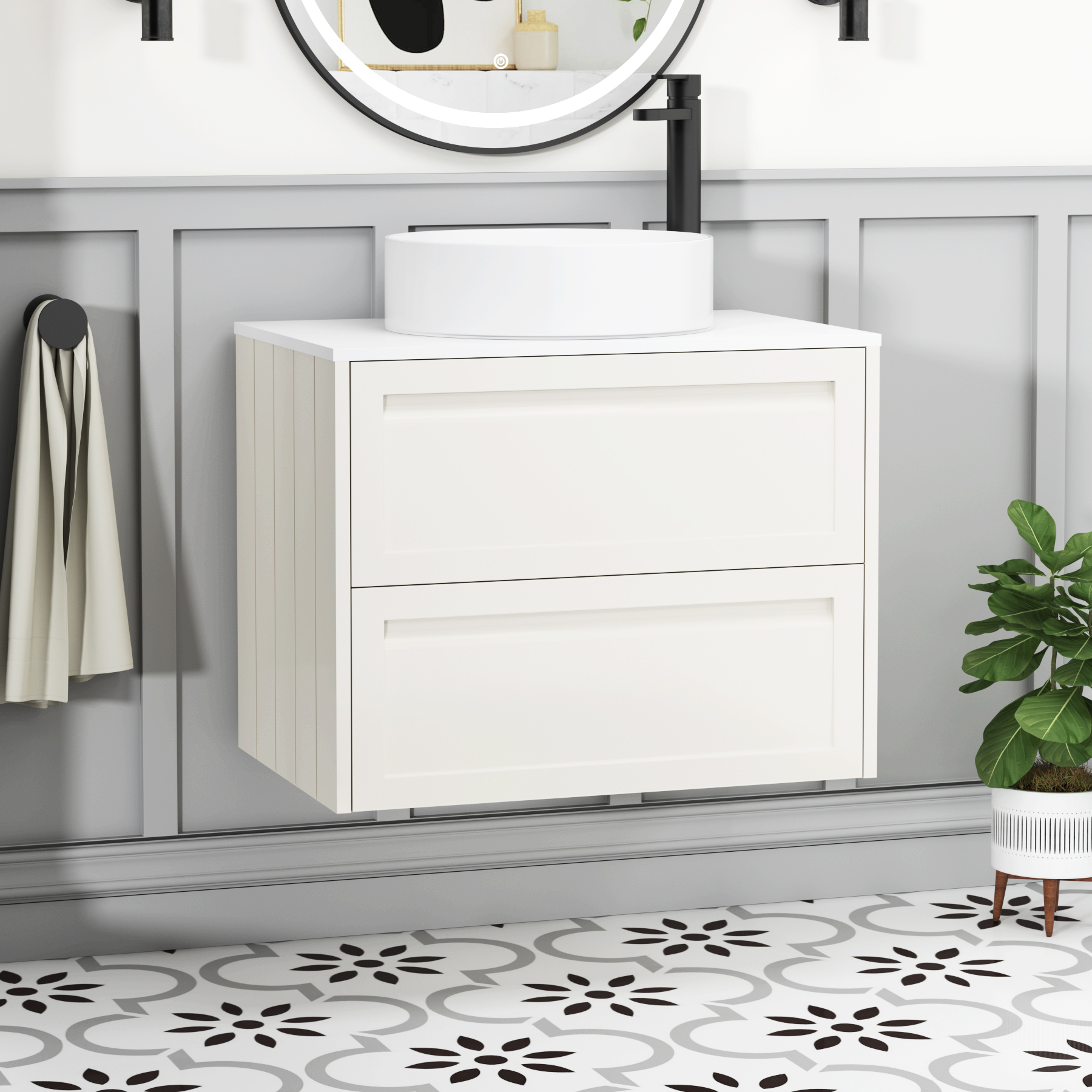 Elmore Classic White 2 Drawer Wall Hung Vanity Unit with Plain White Worktop & Various Countertop Basins