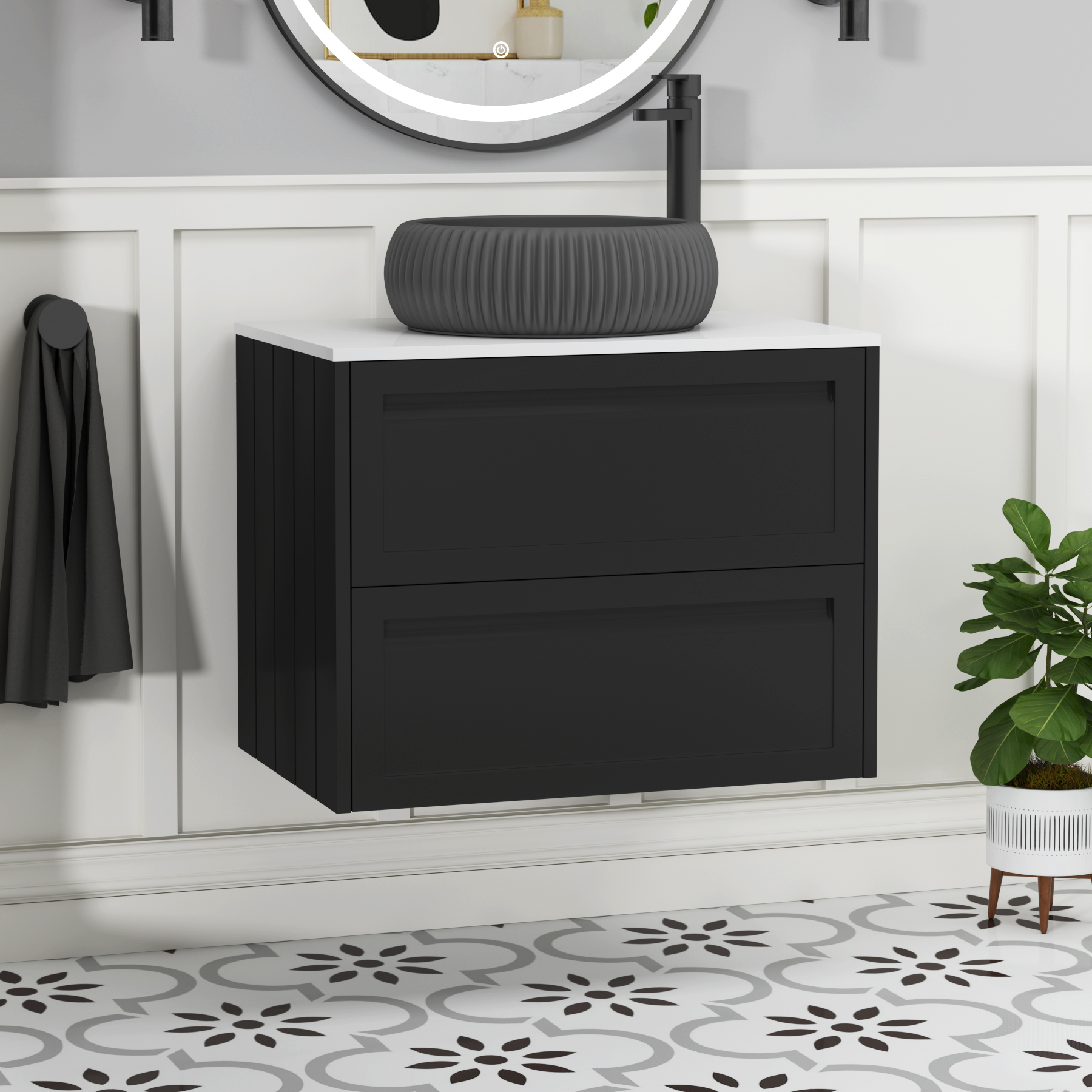 Elmore Matt Nocturne Black 2 Drawer Wall Hung Vanity Unit with Plain White Worktop & Various Countertop Basins