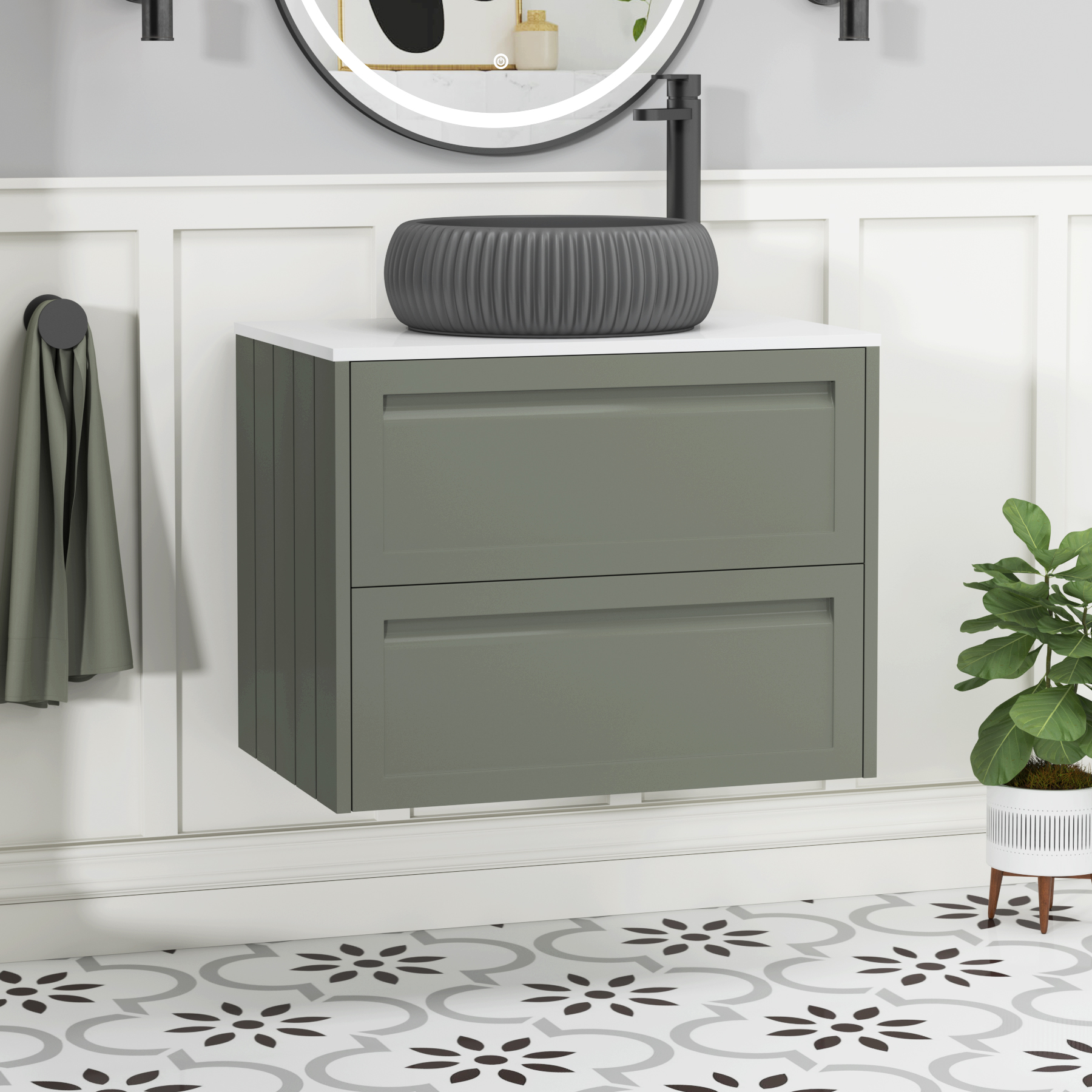 Elmore Matt Green 2 Drawer Wall Hung Vanity Unit with Plain White Worktop & Various Countertop Basins