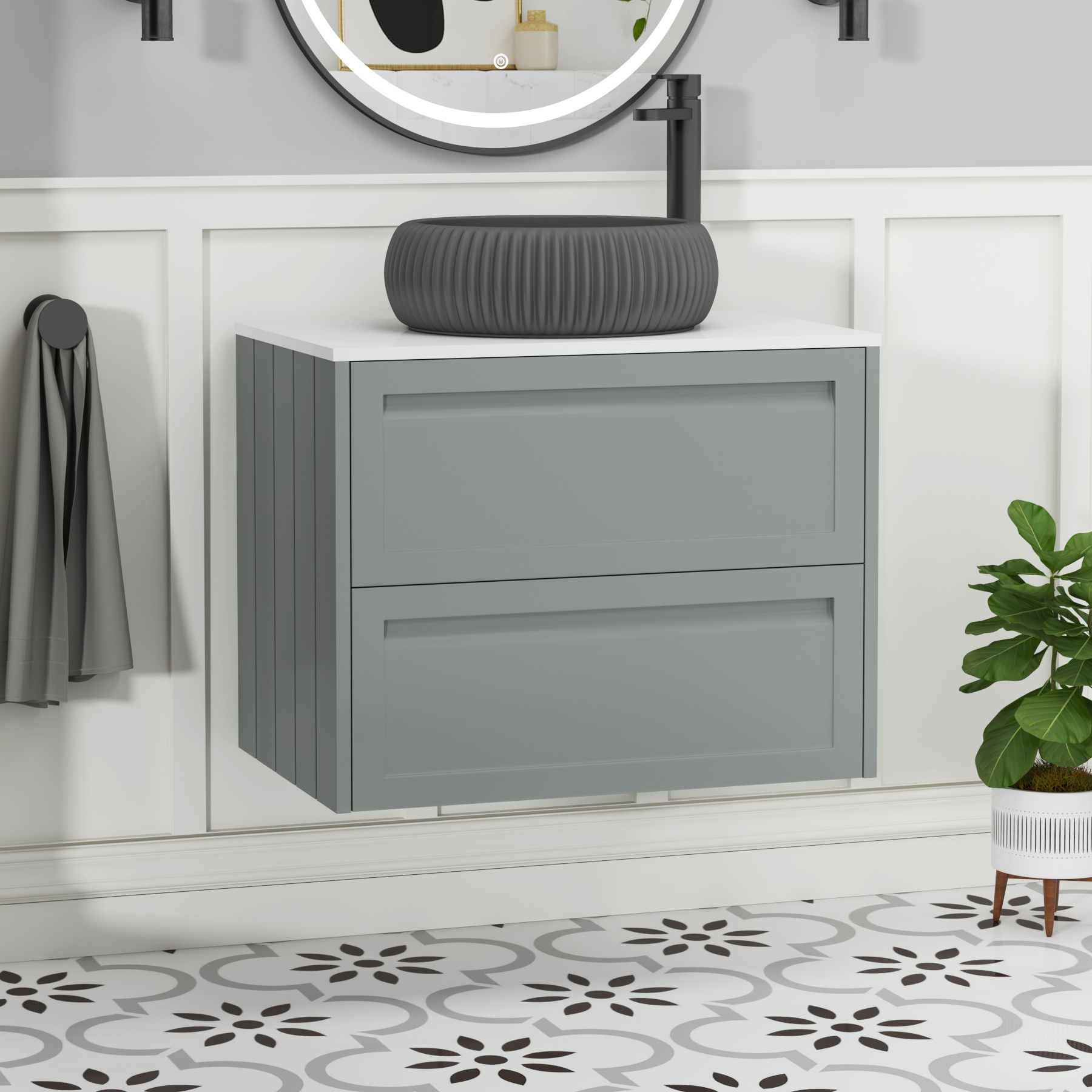 Elmore Matt Pebble Grey 2 Drawer Wall Hung Vanity Unit with Plain White Worktop & Various Countertop Basins