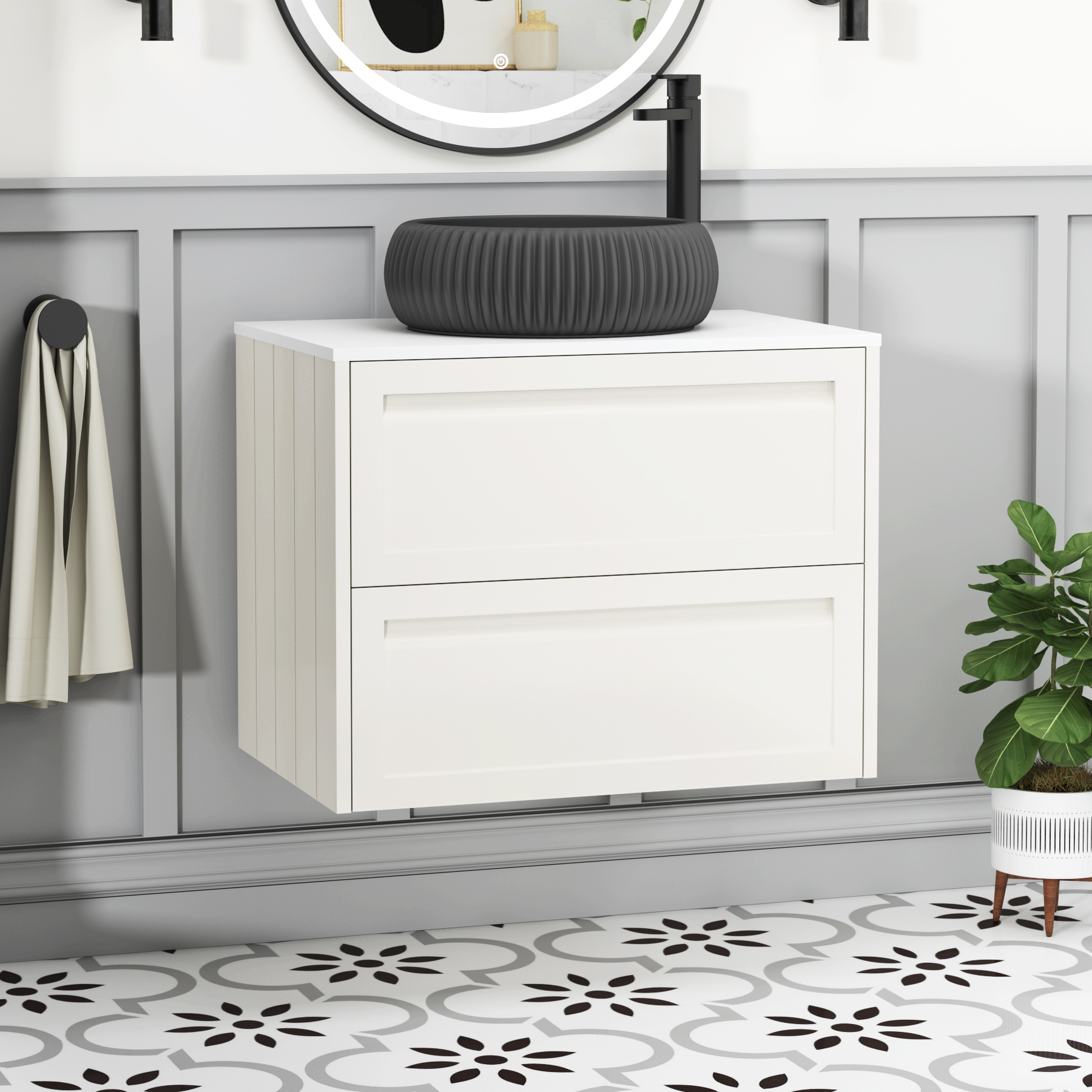 Elmore Classic White 2 Drawer Wall Hung Vanity Unit with Plain White Worktop & Various Countertop Basins
