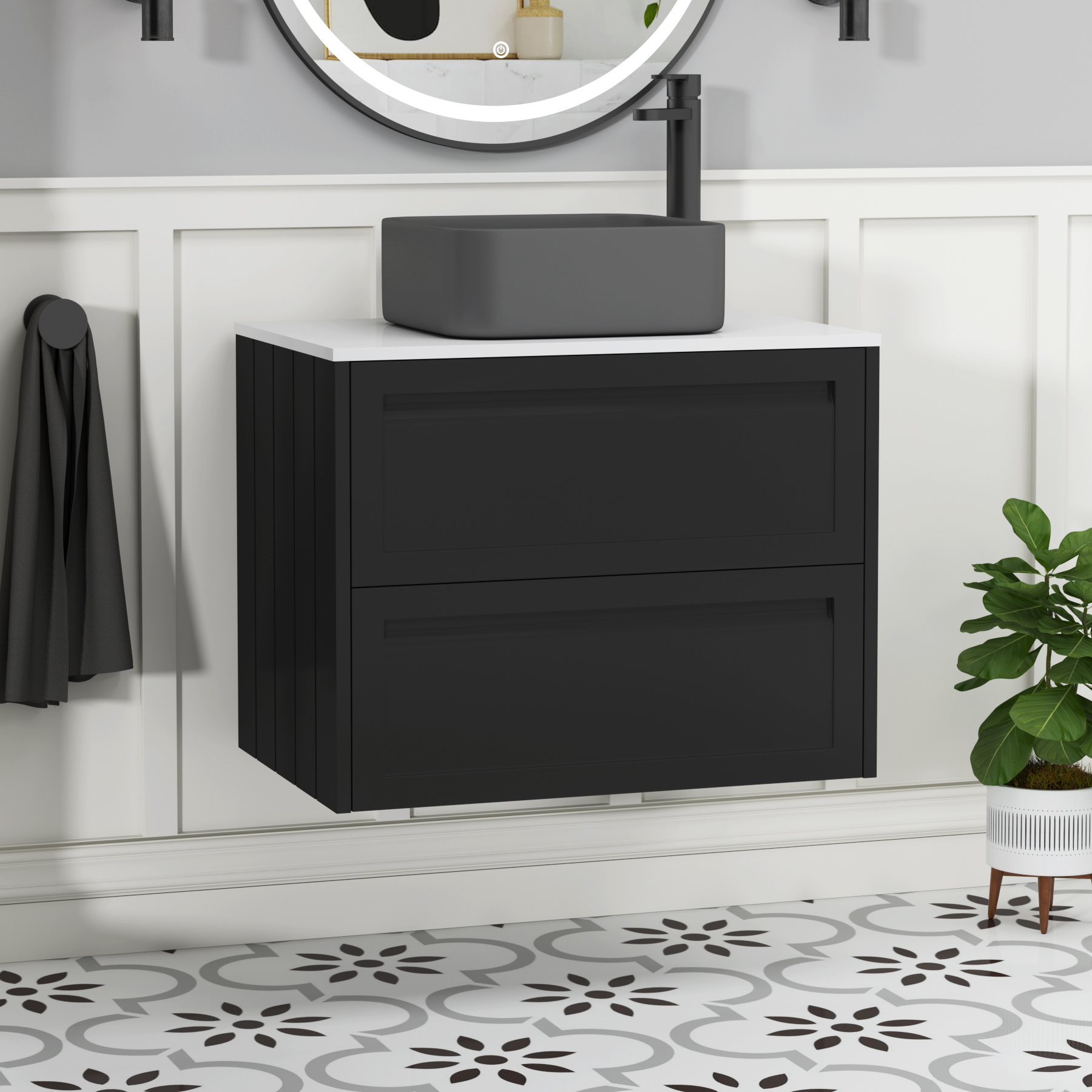 Elmore Matt Nocturne Black 2 Drawer Wall Hung Vanity Unit with Plain White Worktop & Various Countertop Basins