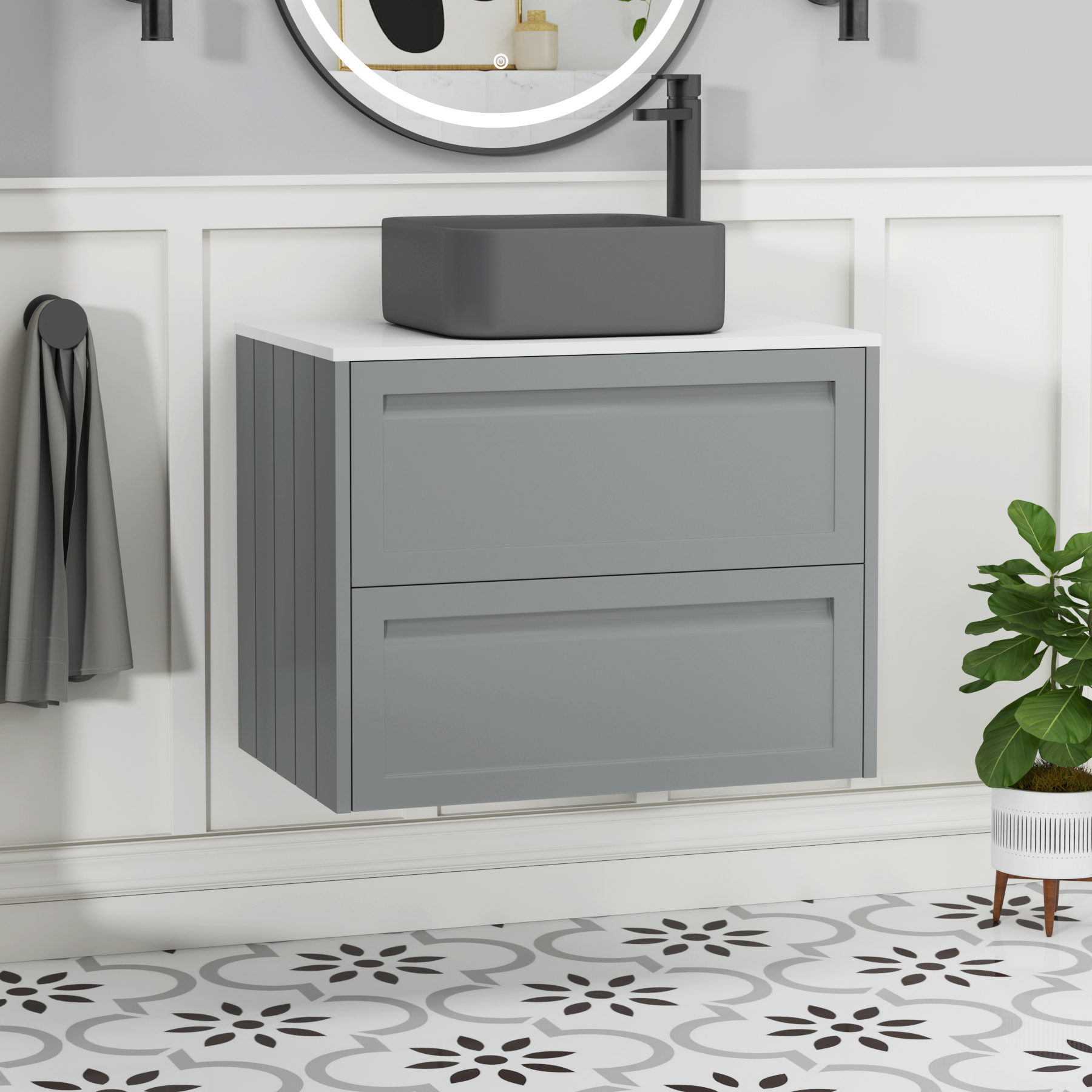 Elmore Matt Pebble Grey 2 Drawer Wall Hung Vanity Unit with Plain White Worktop & Various Countertop Basins