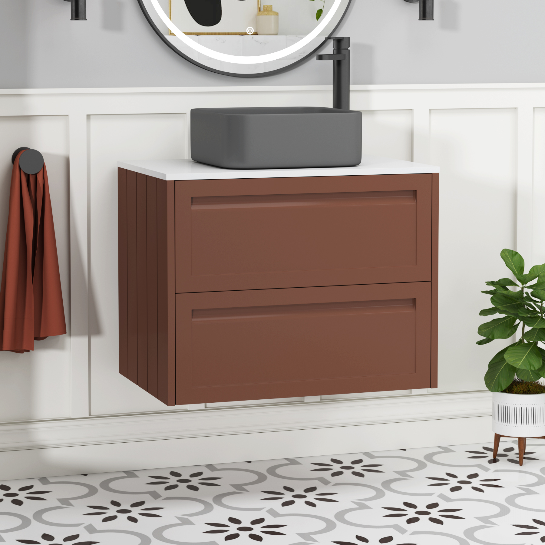 Elmore Terracotta Clay 2 Drawer Wall Hung Vanity Unit with Plain White Worktop & Various Countertop Basins