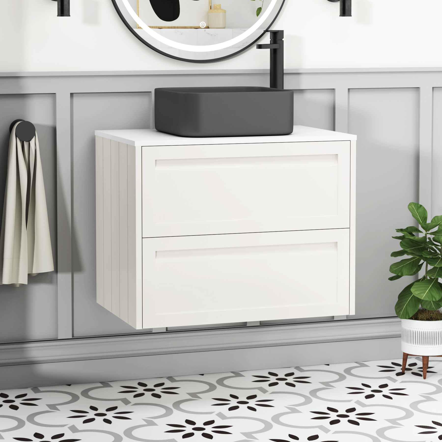 Elmore Classic White 2 Drawer Wall Hung Vanity Unit with Plain White Worktop & Various Countertop Basins