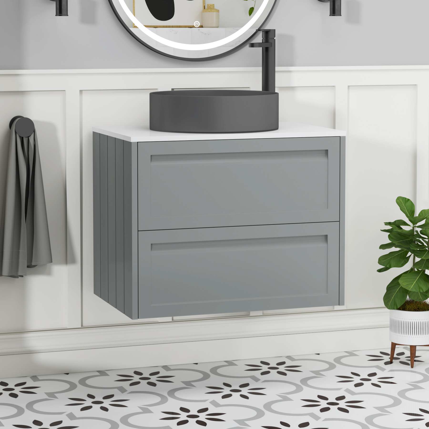 Elmore 700mm Matt Pebble Grey Wall Hung Vanity Unit 2 Drawer Plain ...