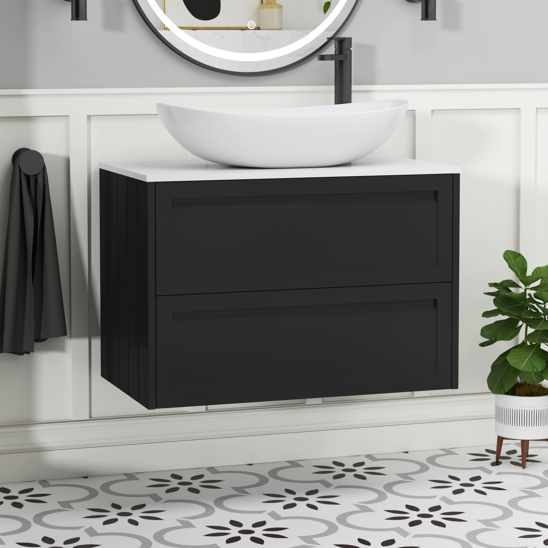 Elmore Matt Nocturne Black 2 Drawer Wall Hung Vanity Unit with Plain White Worktop & Various Countertop Basins