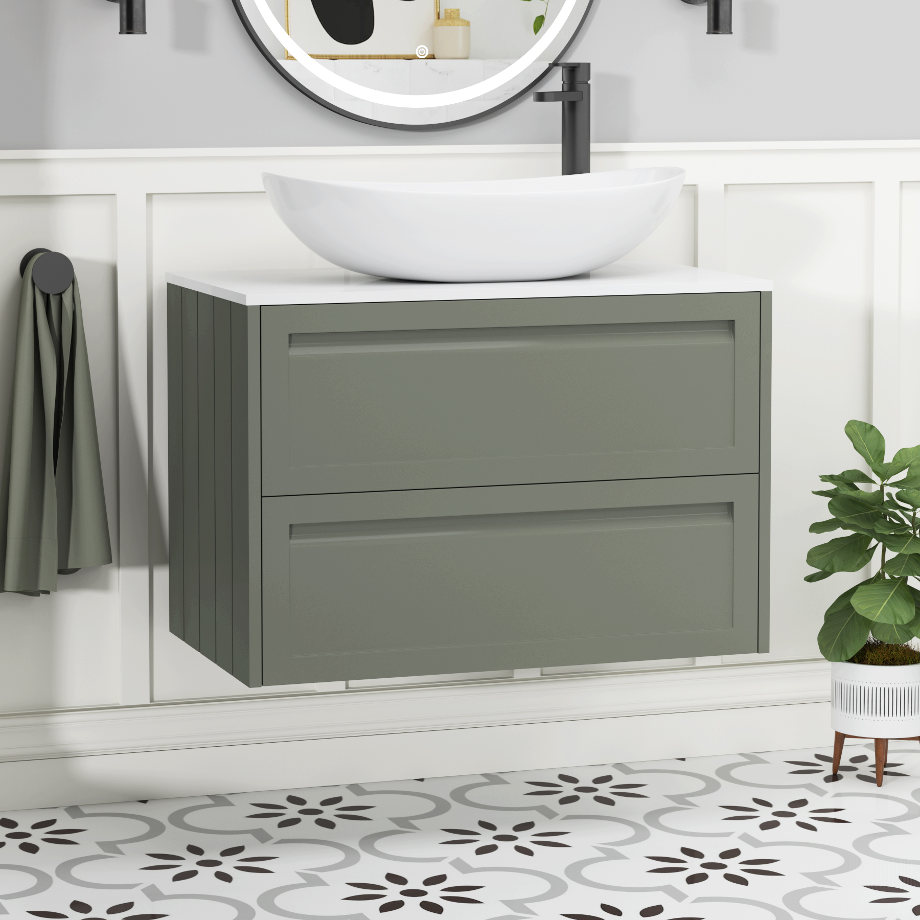 Elmore Matt Green 2 Drawer Wall Hung Vanity Unit with Plain White Worktop & Various Countertop Basins