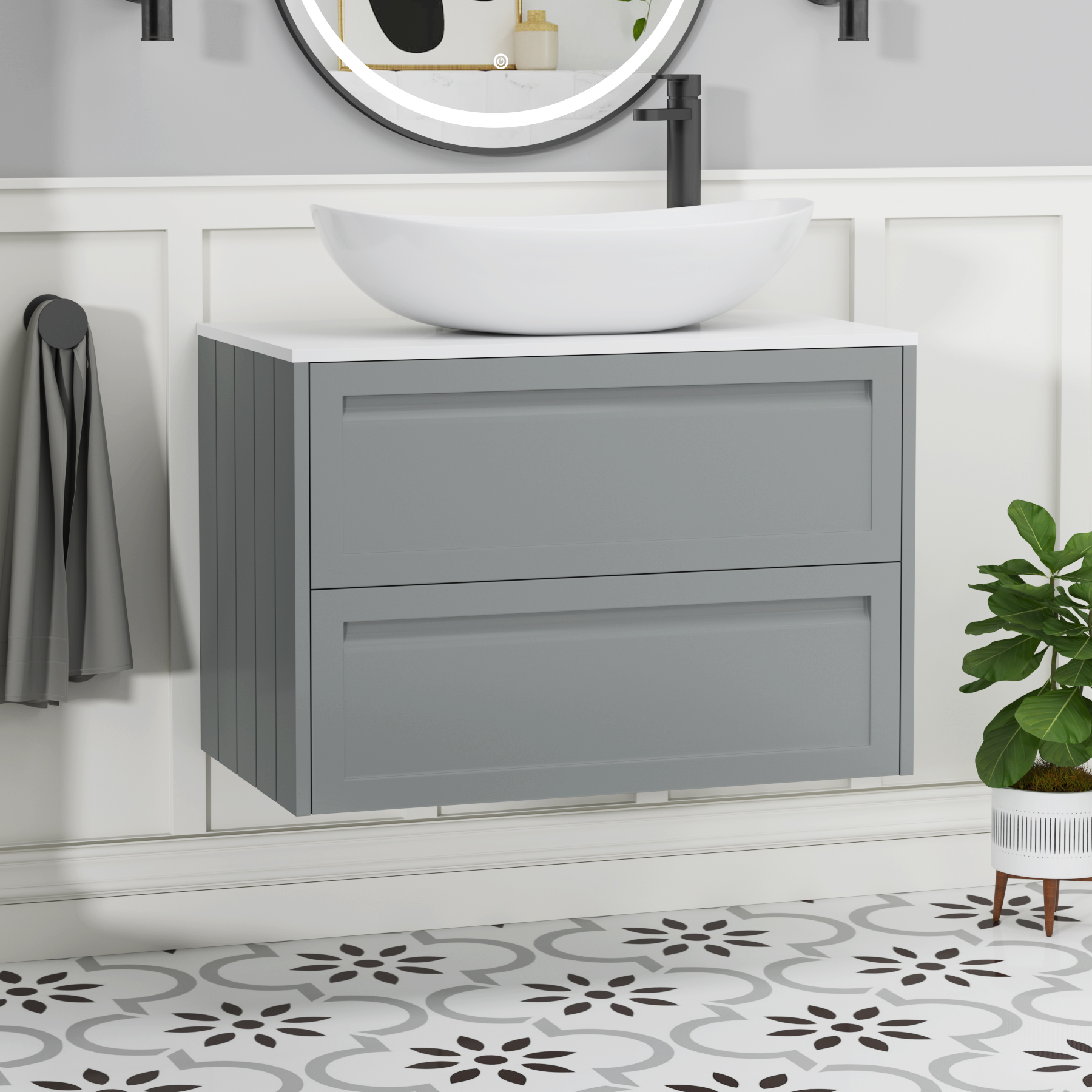 Elmore Matt Pebble Grey 2 Drawer Wall Hung Vanity Unit with Plain White Worktop & Various Countertop Basins