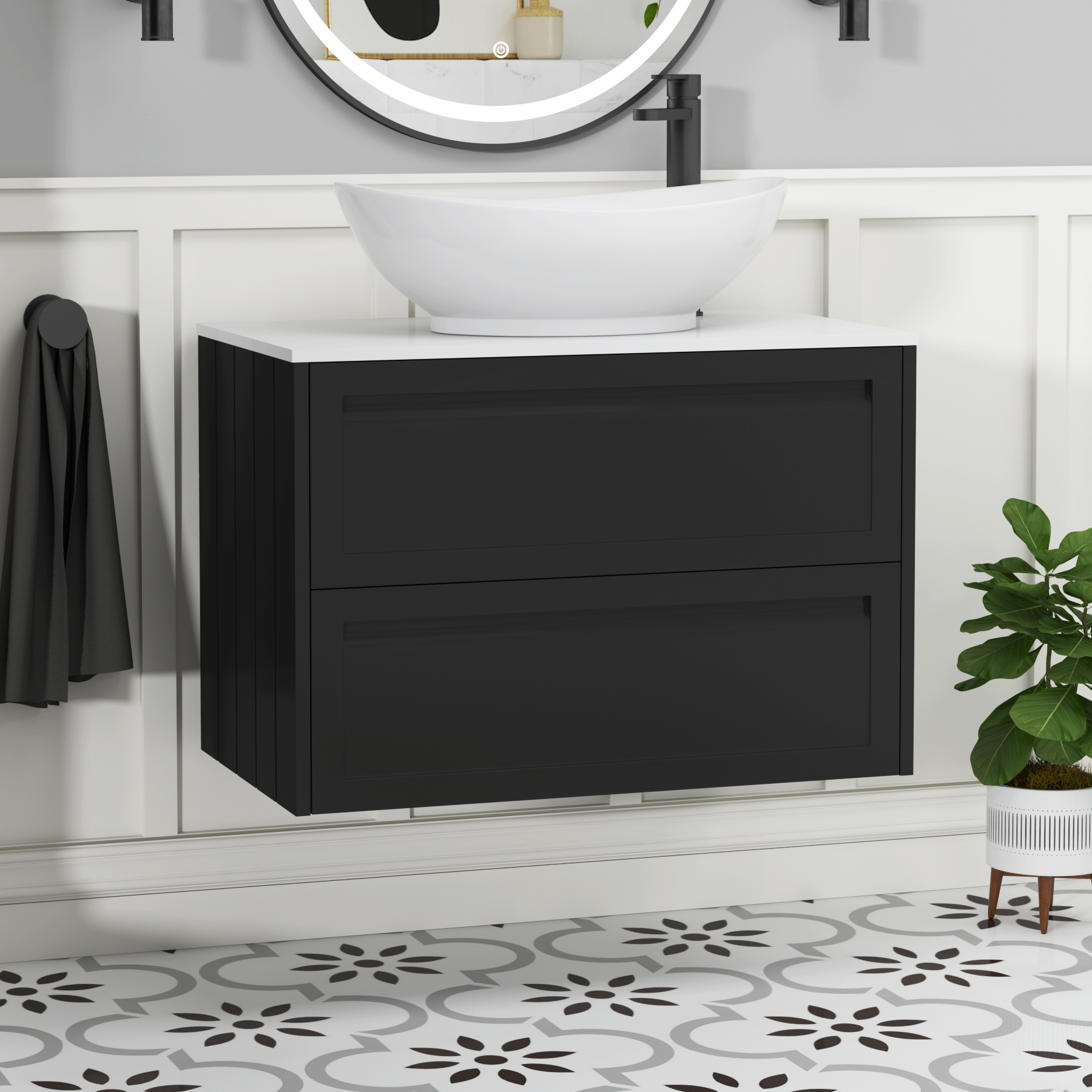 Elmore Matt Nocturne Black 2 Drawer Wall Hung Vanity Unit with Plain White Worktop & Various Countertop Basins