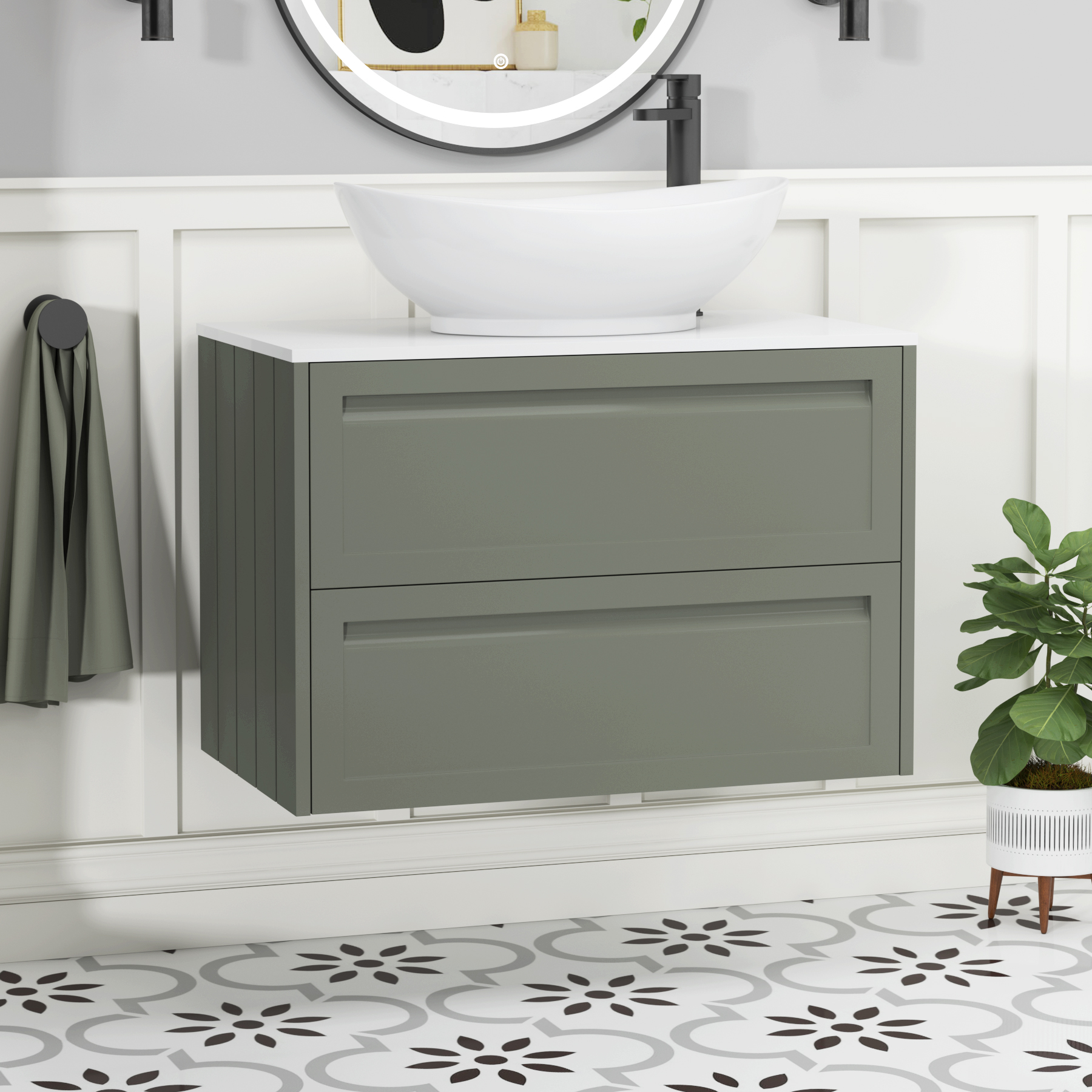 Elmore Matt Green 2 Drawer Wall Hung Vanity Unit with Plain White Worktop & Various Countertop Basins