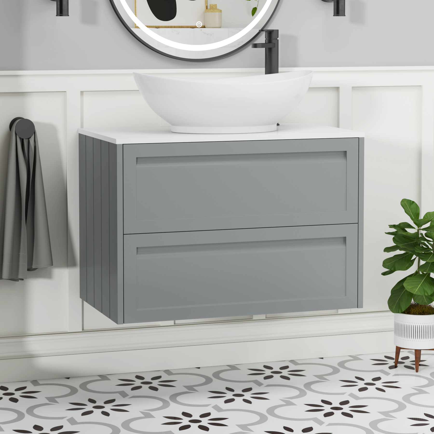 Elmore Matt Pebble Grey 2 Drawer Wall Hung Vanity Unit with Plain White Worktop & Various Countertop Basins