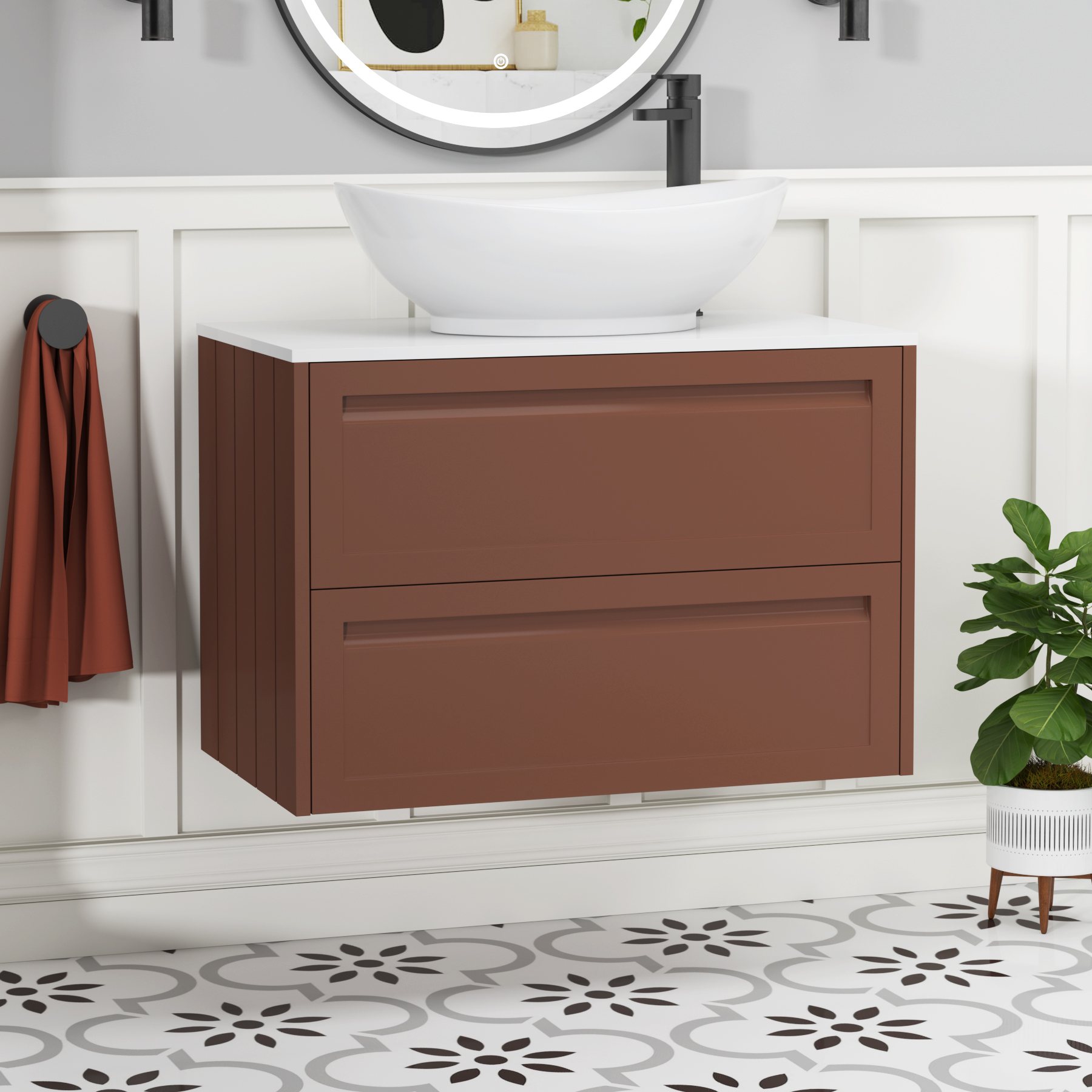 Elmore Terracotta Clay 2 Drawer Wall Hung Vanity Unit with Plain White Worktop & Various Countertop Basins