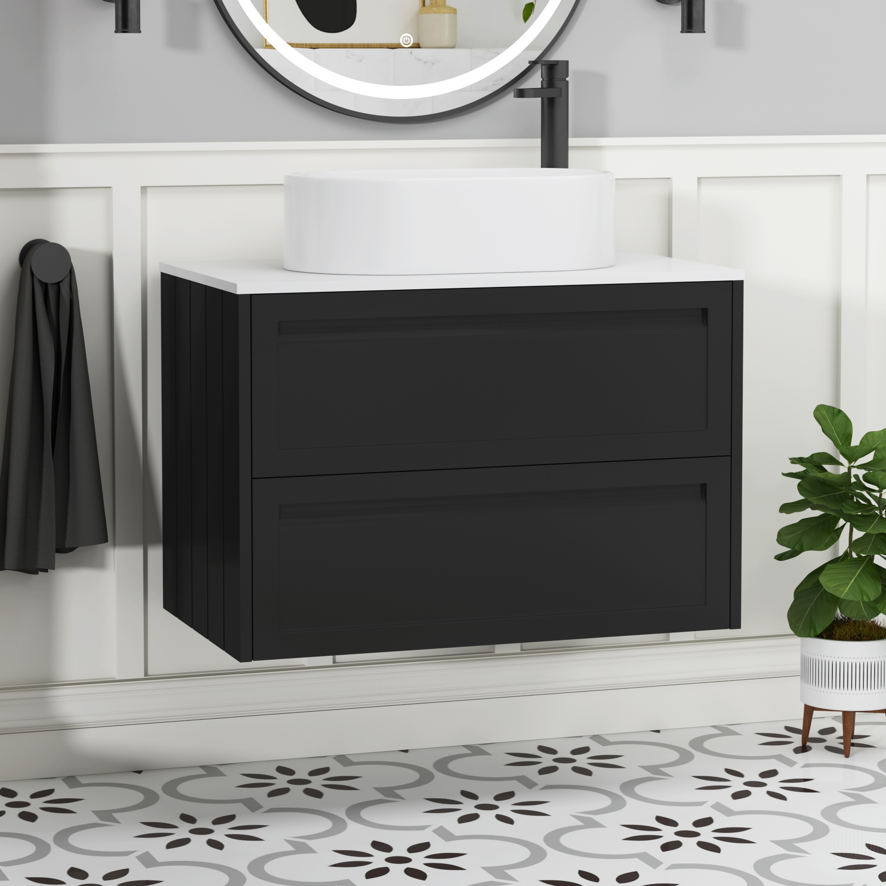 Elmore Matt Nocturne Black 2 Drawer Wall Hung Vanity Unit with Plain White Worktop & Various Countertop Basins