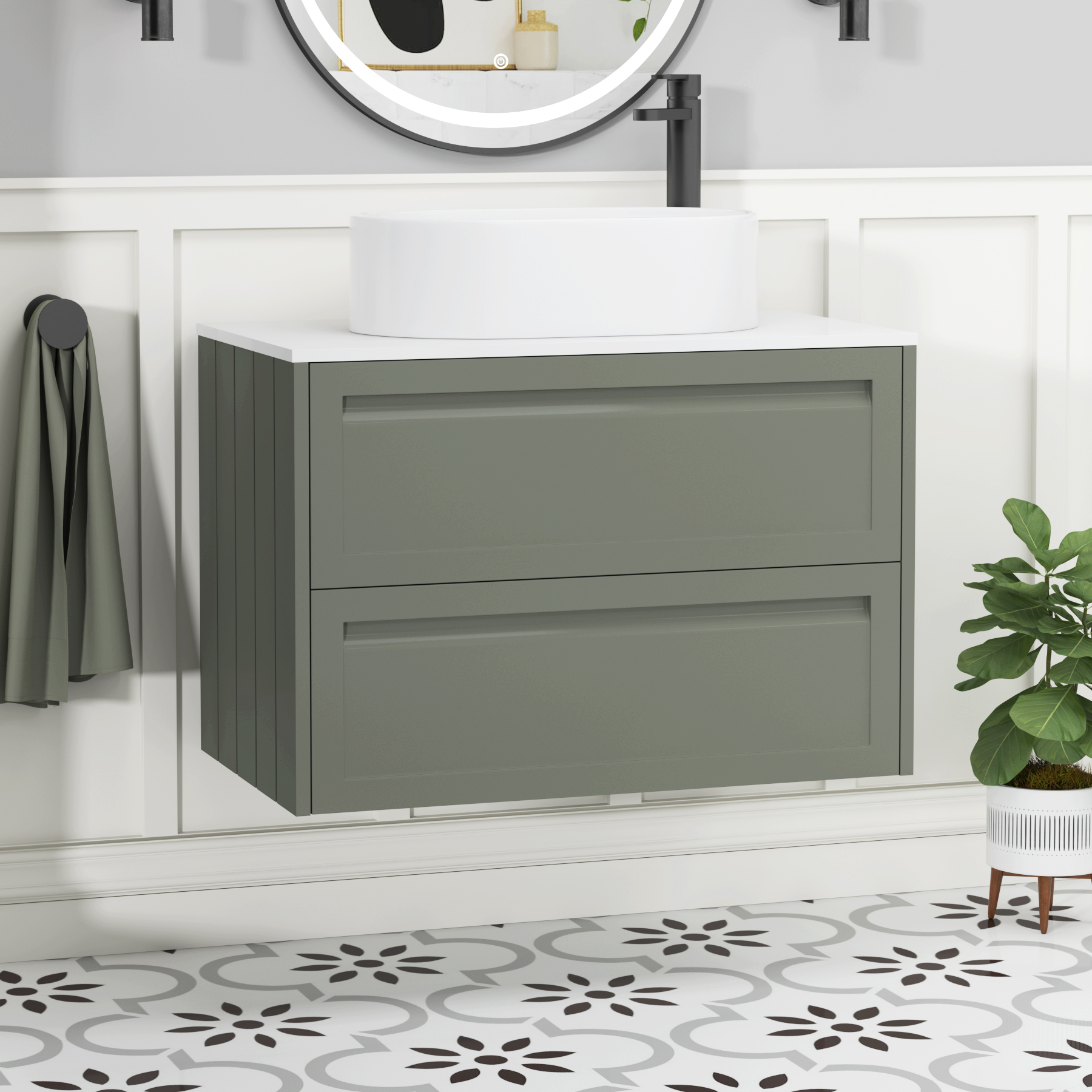 Elmore Matt Green 2 Drawer Wall Hung Vanity Unit with Plain White Worktop & Various Countertop Basins
