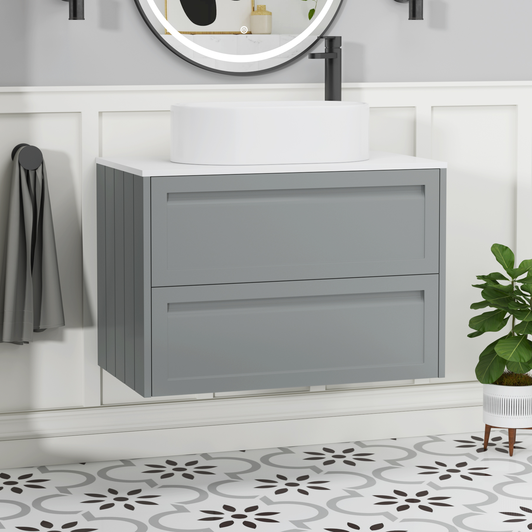 Elmore Matt Pebble Grey 2 Drawer Wall Hung Vanity Unit with Plain White Worktop & Various Countertop Basins
