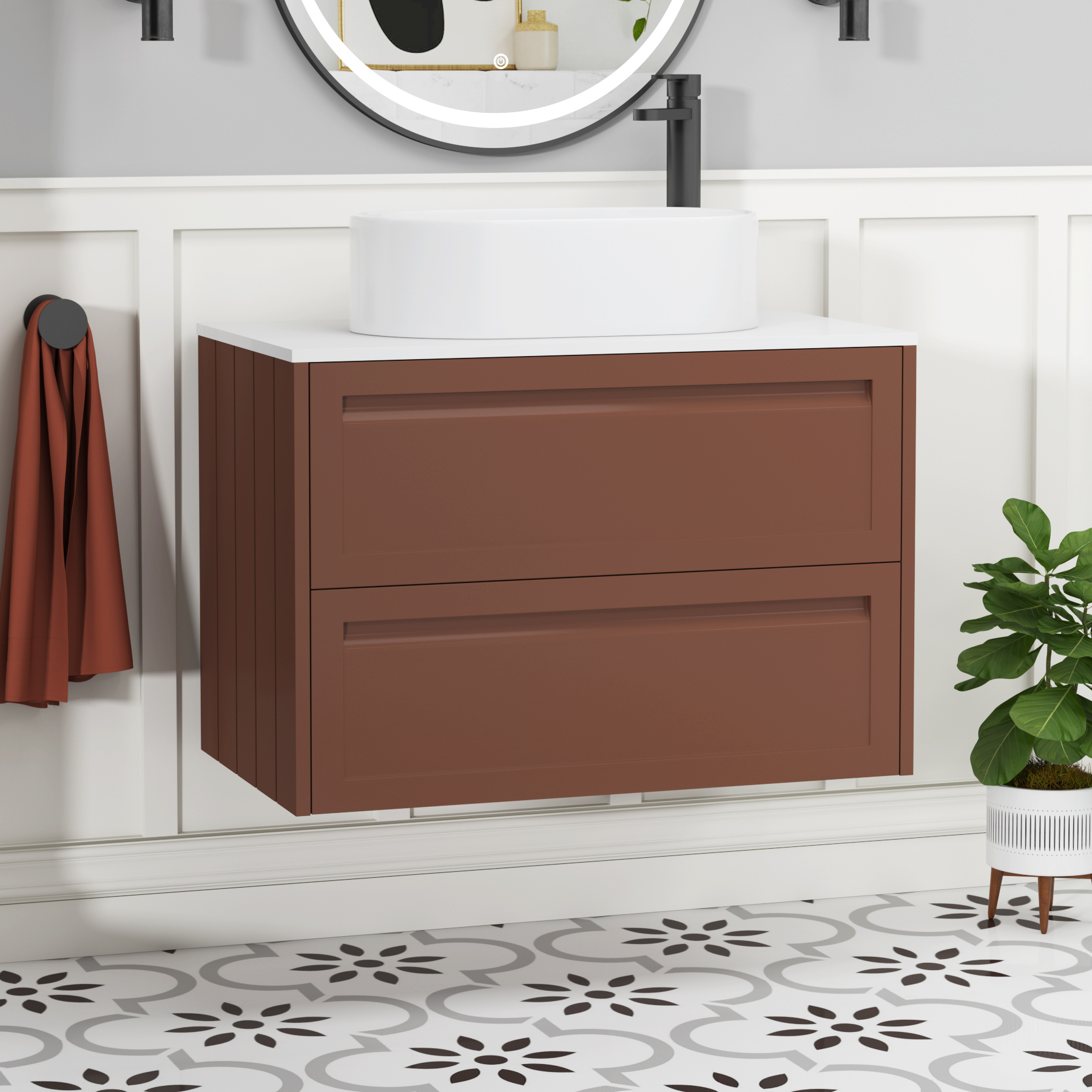 Elmore Terracotta Clay 2 Drawer Wall Hung Vanity Unit with Plain White Worktop & Various Countertop Basins