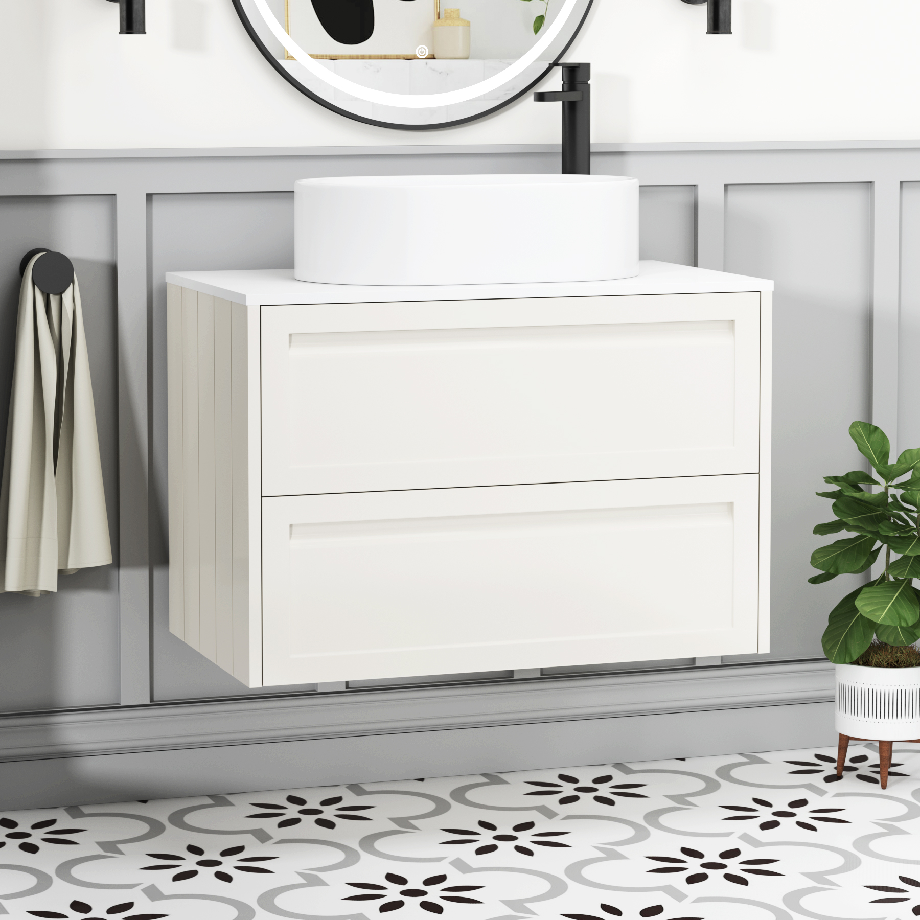 Elmore Classic White 2 Drawer Wall Hung Vanity Unit with Plain White Worktop & Various Countertop Basins