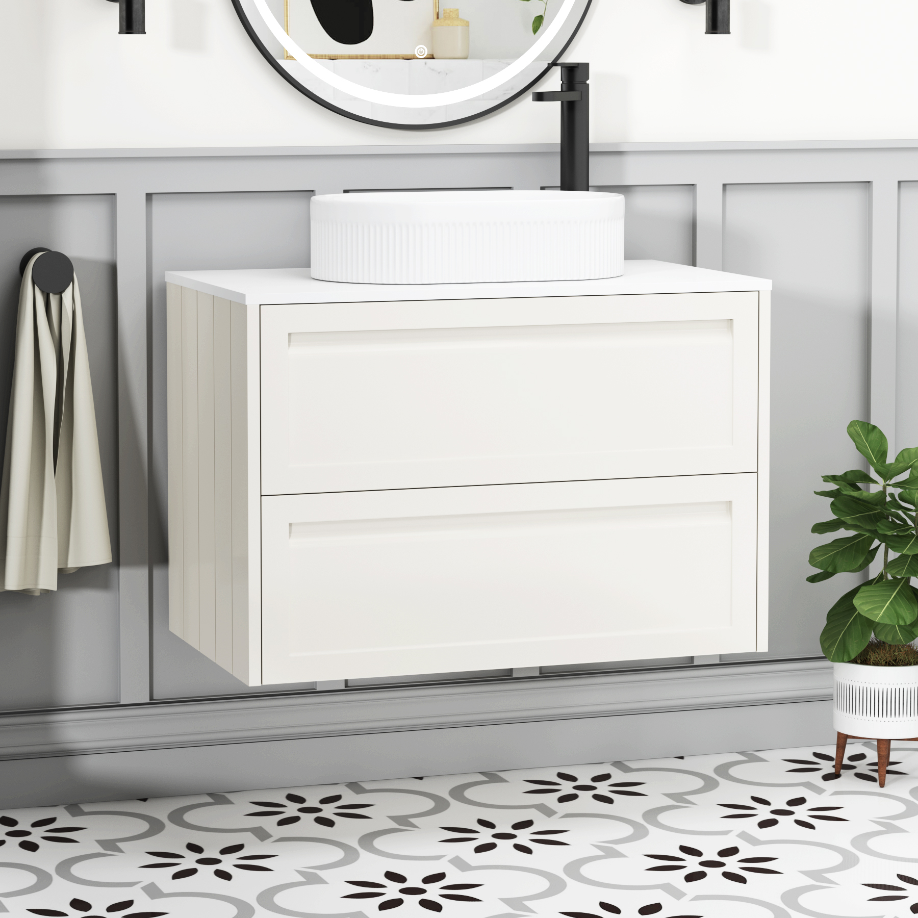 Elmore Classic White 2 Drawer Wall Hung Vanity Unit with Plain White Worktop & Various Countertop Basins