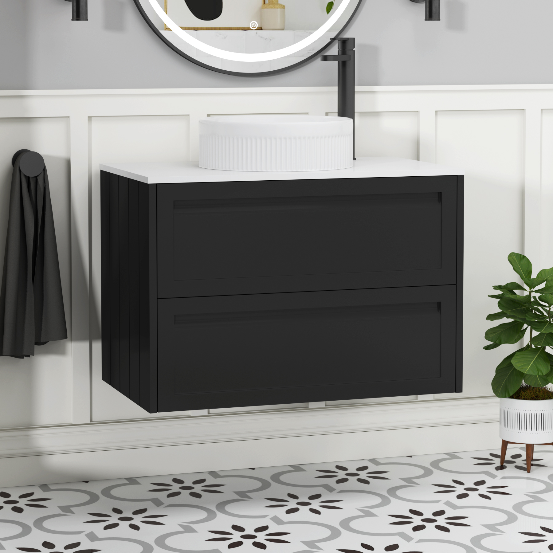 Elmore Matt Nocturne Black 2 Drawer Wall Hung Vanity Unit with Plain White Worktop & Various Countertop Basins