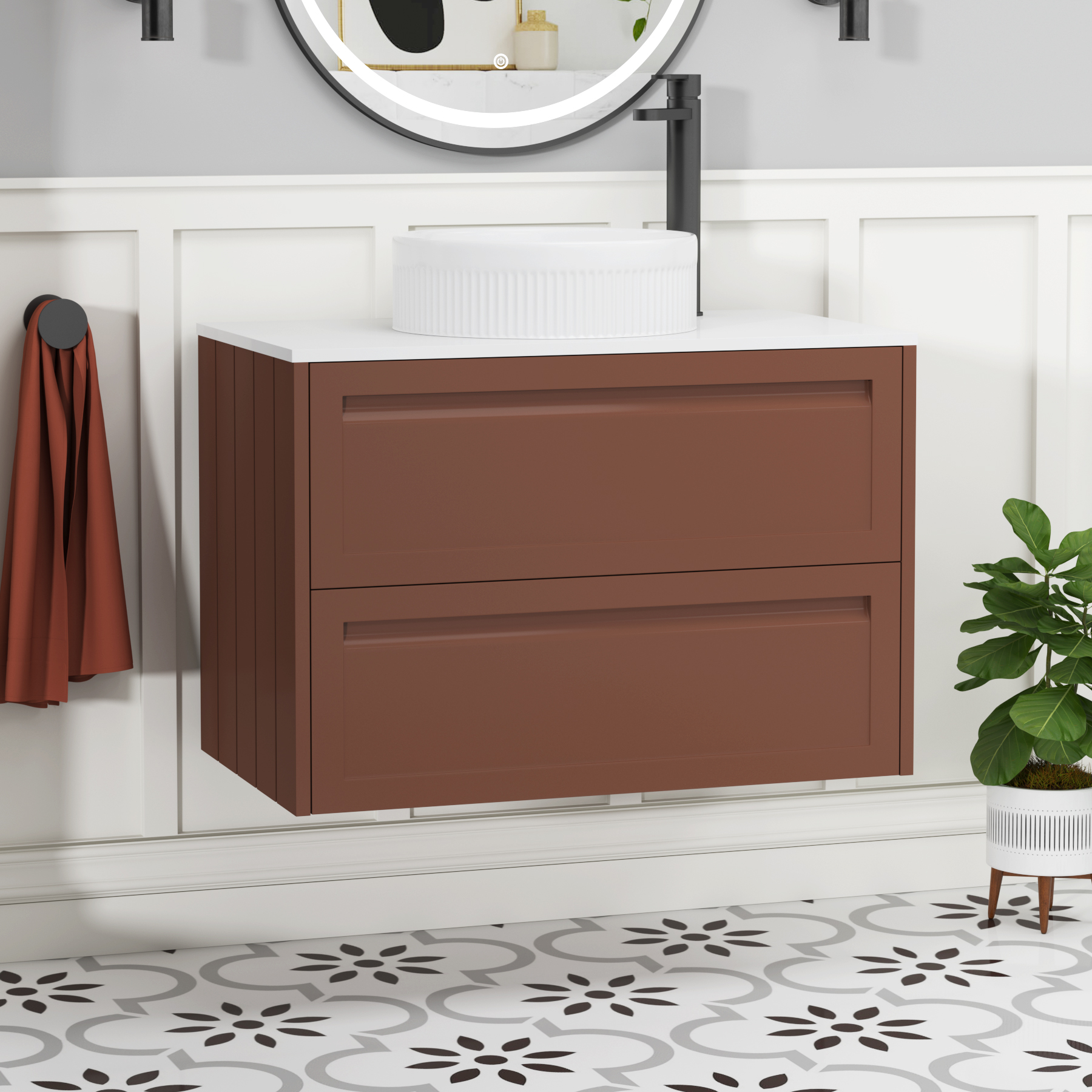 Elmore Terracotta Clay 2 Drawer Wall Hung Vanity Unit with Plain White Worktop & Various Countertop Basins