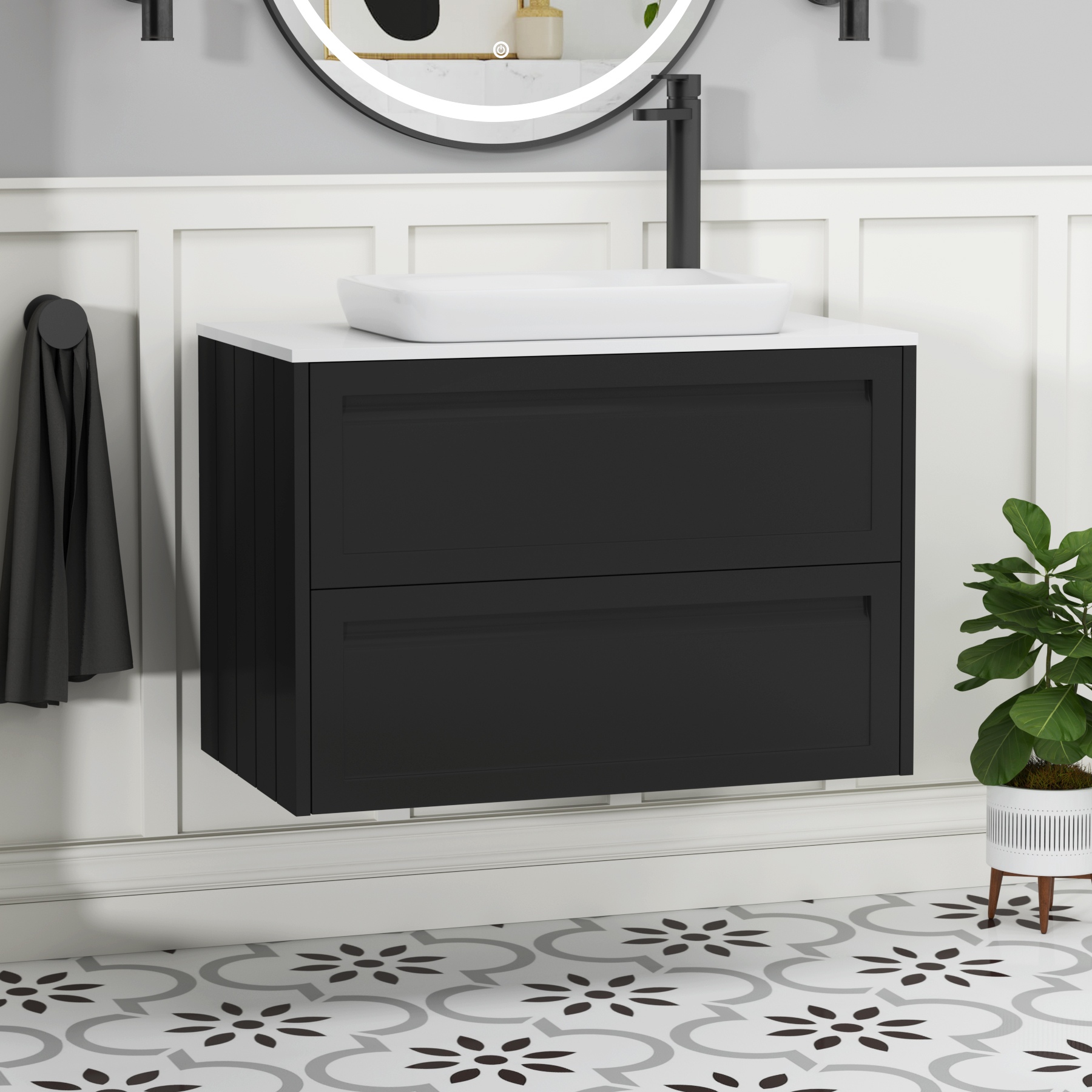 Elmore Matt Nocturne Black 2 Drawer Wall Hung Vanity Unit with Plain White Worktop & Various Countertop Basins