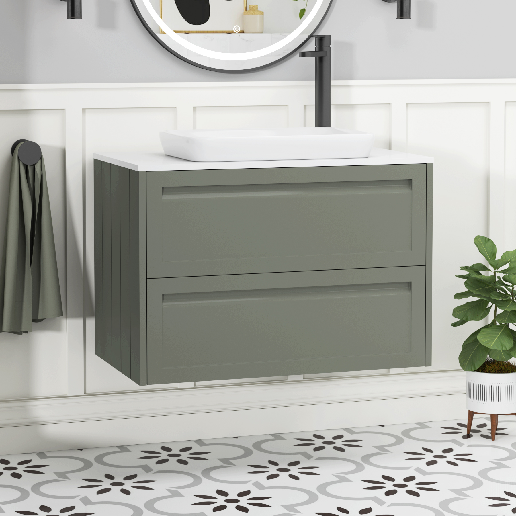 Elmore Matt Green 2 Drawer Wall Hung Vanity Unit with Plain White Worktop & Various Countertop Basins