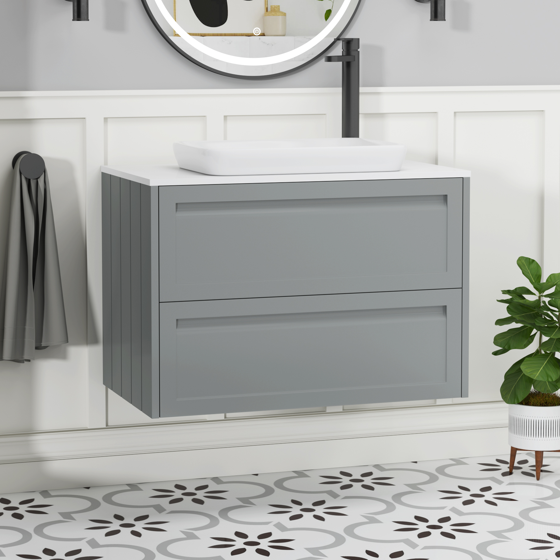 Elmore Matt Pebble Grey 2 Drawer Wall Hung Vanity Unit with Plain White Worktop & Various Countertop Basins