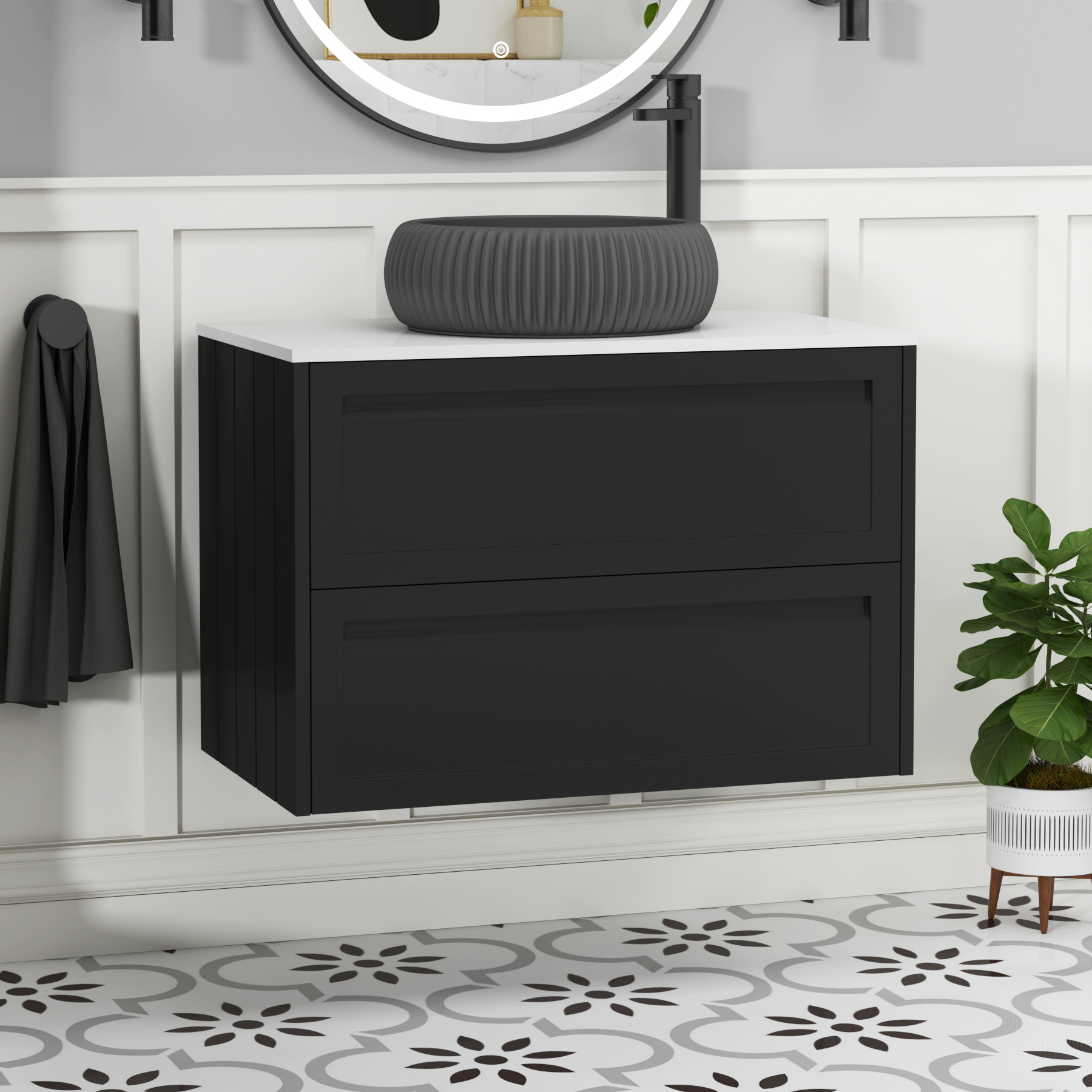 Elmore Matt Nocturne Black 2 Drawer Wall Hung Vanity Unit with Plain White Worktop & Various Countertop Basins