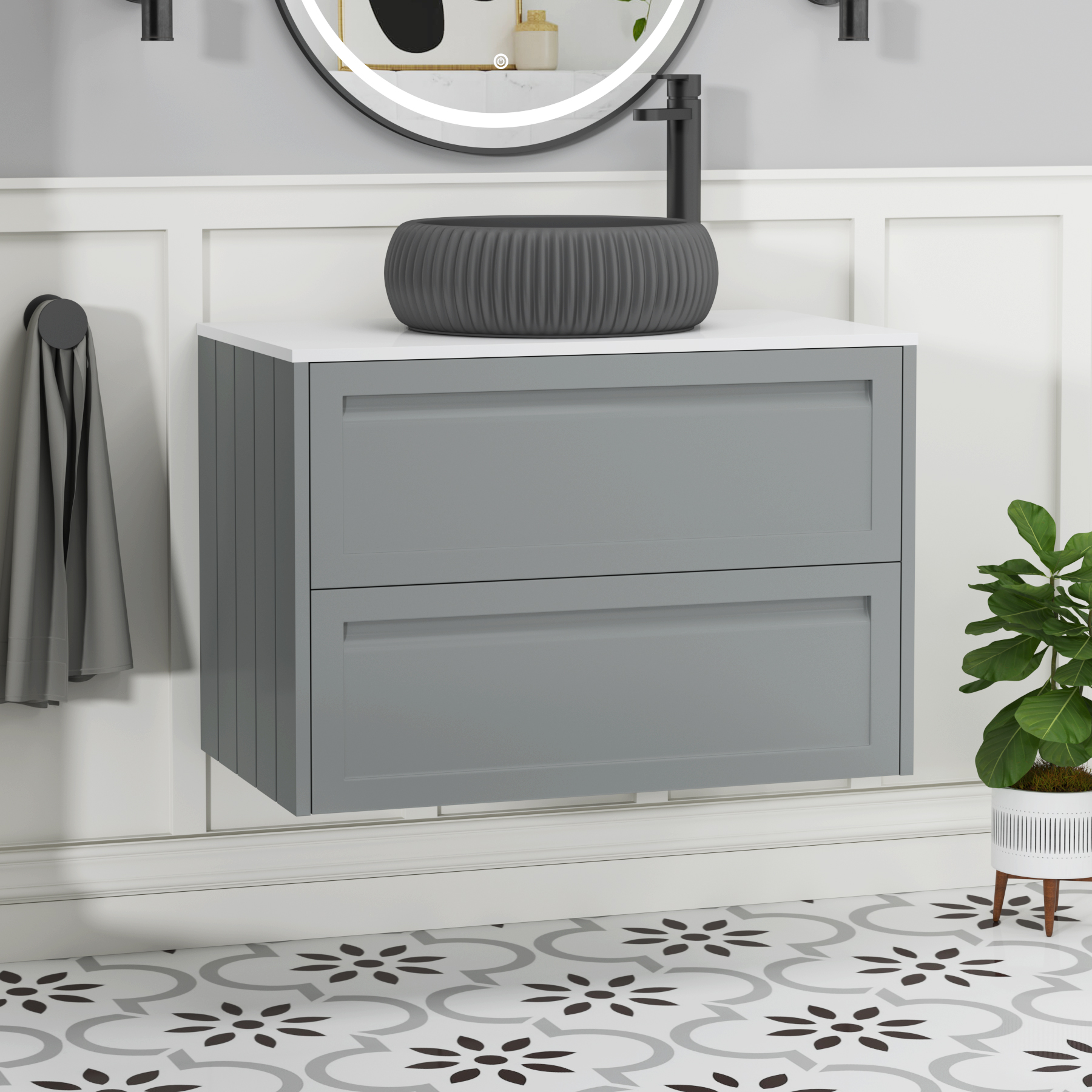 Elmore Matt Pebble Grey 2 Drawer Wall Hung Vanity Unit with Plain White Worktop & Various Countertop Basins